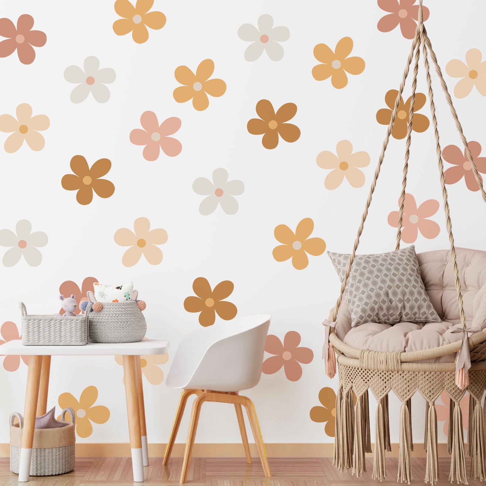 Qeeenar 36 Pcs Daisy Wall Decals Flower Boho Daisy Wall Stickers Peel and Stick Floral Stickers Nursery Bedroom Living Room Decor(Rustic Flower)