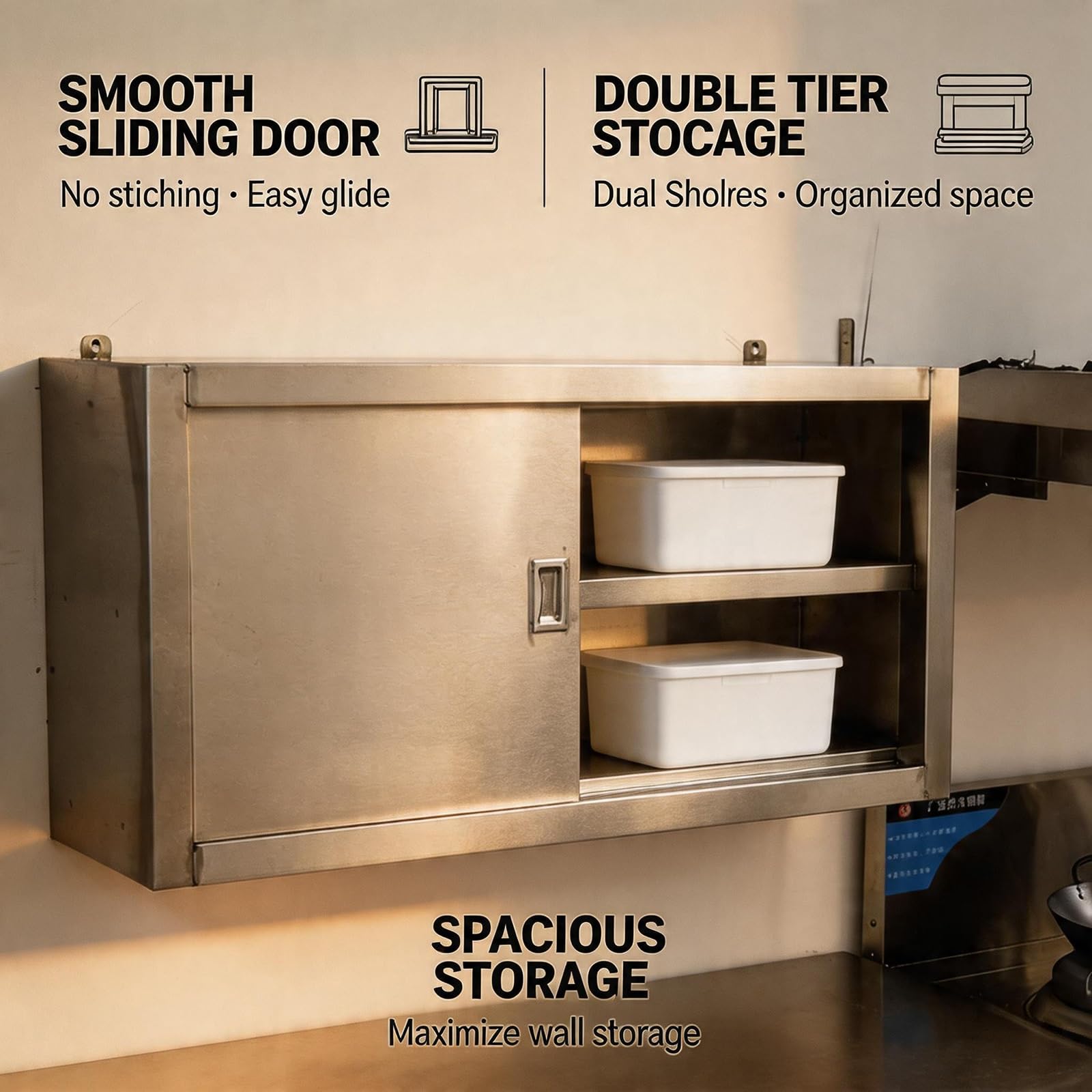 Hängeschrank Küche aus Edelstahl - Wandhängeschrank mit Schiebetüren - Küchenhängeschrank 100/120cm Breit - Rostfreier Mehrzweckschrank für Gastronomie, Labor & Werkstatt(120x35x64cm)