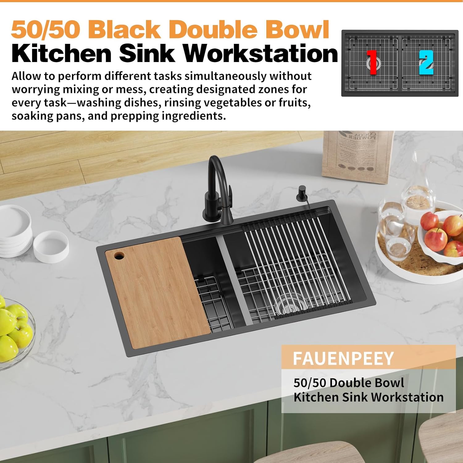 Black 33"x19" Kitchen Sink Workstation - 50/50 Double Bowl Stainless Steel Undermount Kitchen Sink Built-in Ledge Drop In Workstation Sink For Placing/Sliding Accessories-Cutting Board,Drying Rack