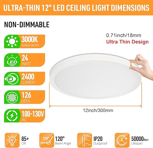 Miniatura 2 de SunRider Lámpara LED de techo empotrada, 3000 K, blanco cálido, 2400 lm, luces de techo planas redondas de 12 pulgadas y 24 W, equivalente a 240 W,