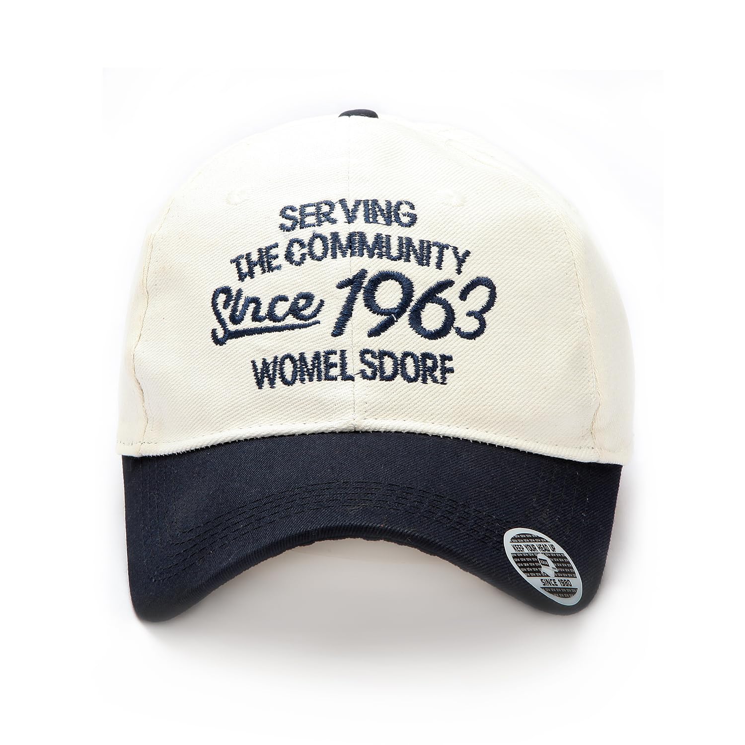 hoboken Vintage Community Service Baseball Cap, White and Navy Blue, Embroidered Design-picture-27