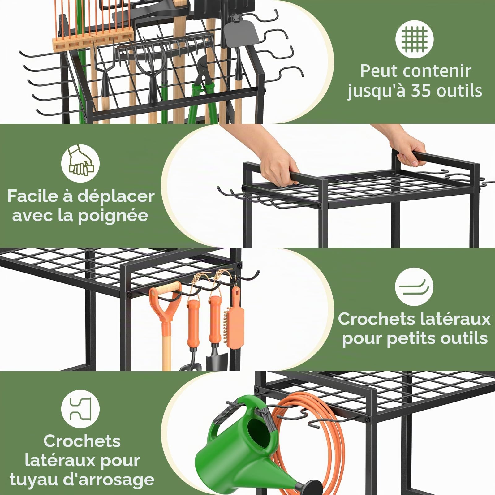WELDUN Organisateur d'outils de jardin, étagère de garage, support à outils de jardin pour 35 outils à long manche, gestion de garage avec crochet pour abri de jardin, balai, serpillère, râteau, pelle