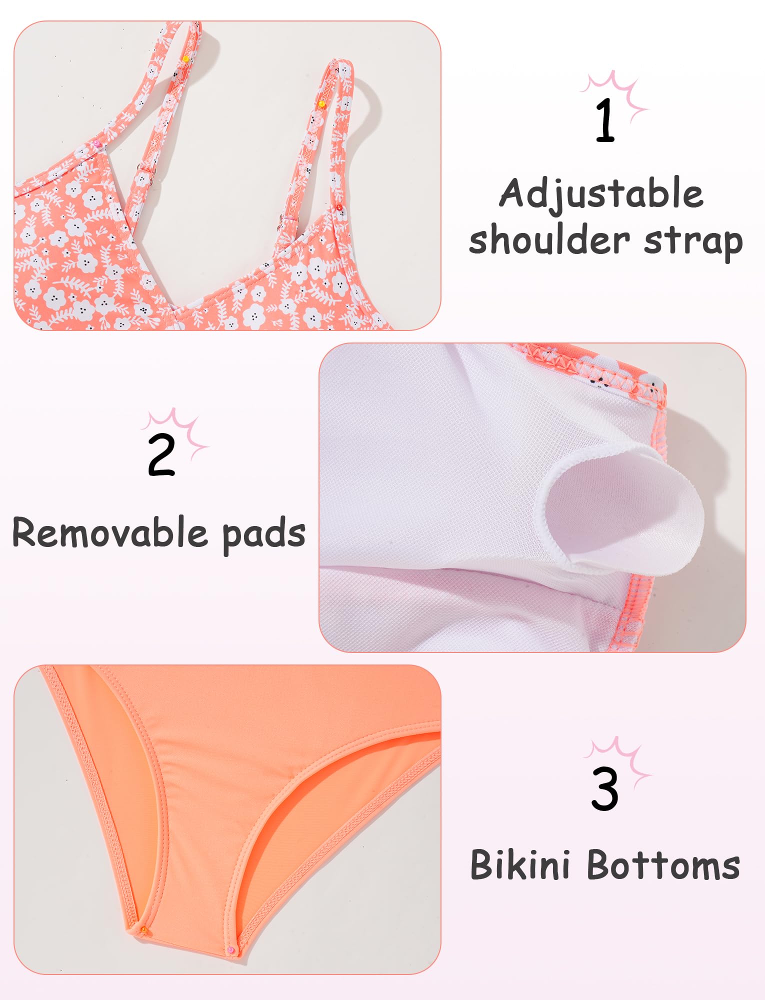 Maeau Grils - Costume da bagno estivo con motivo floreale, 3 pezzi, reggiseno imbottito, set bikini con coulisse in rete, costumi da bagno da spiaggia