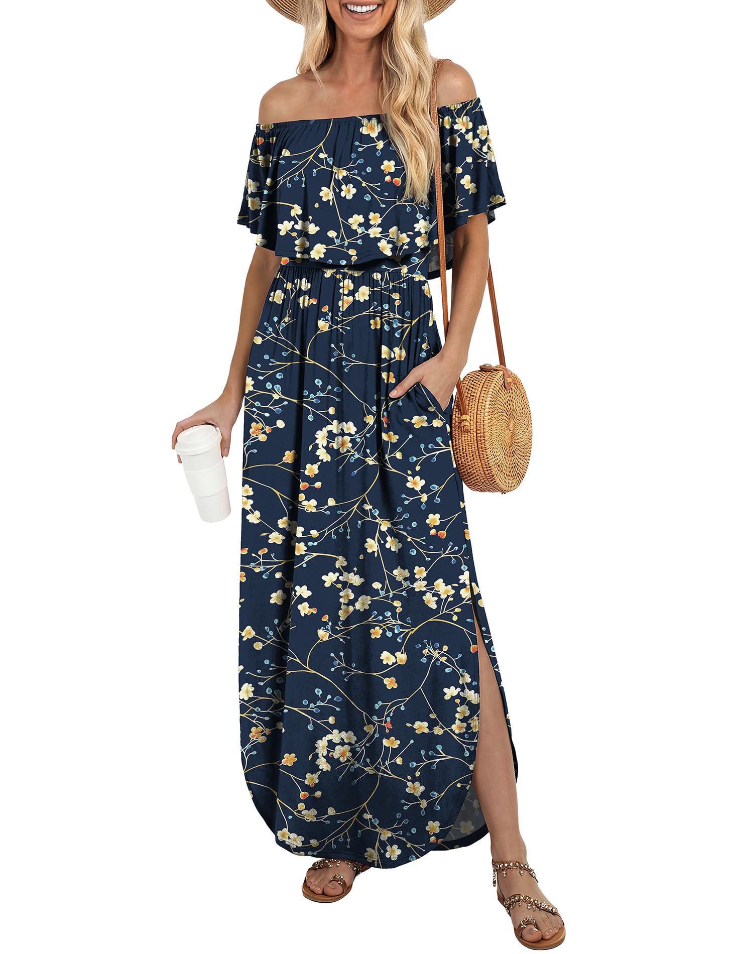 LILBETTER Womens Off The Shoulder Ruffle Party Dresses Side Split Beach Maxi Dress