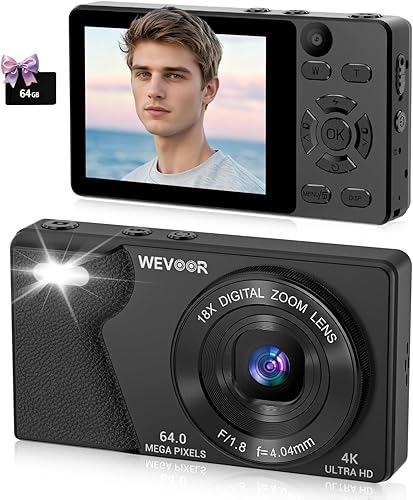 4K Digital Camera for Photography- 64MP Autofocus Vlogging Camera with Dual Lens, 18X Digital Zoom- Small Point and Shoot Camera with Card and Black
