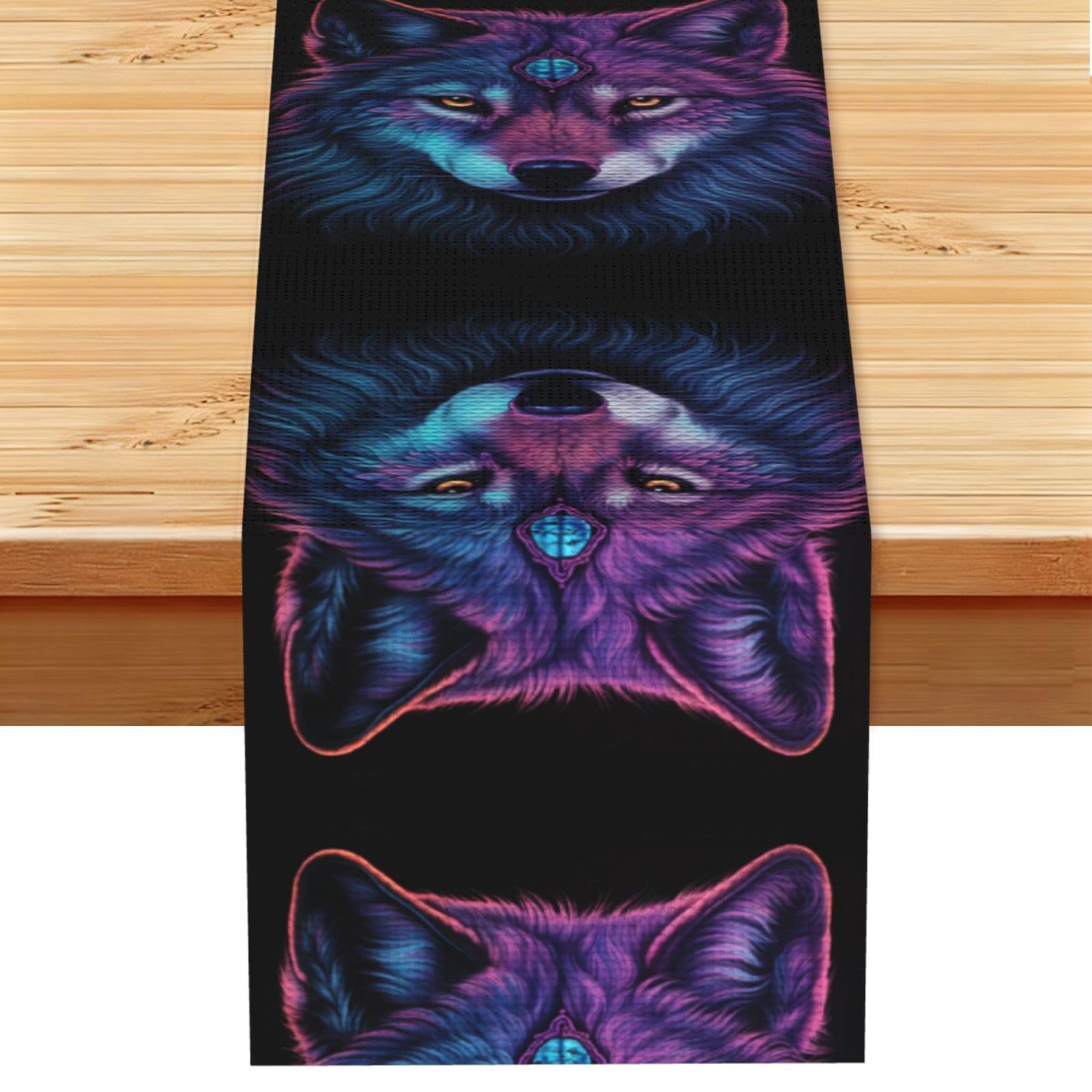 Neon wolf with purple head Linen Feel Table Runner Wedding Party Home Decoration