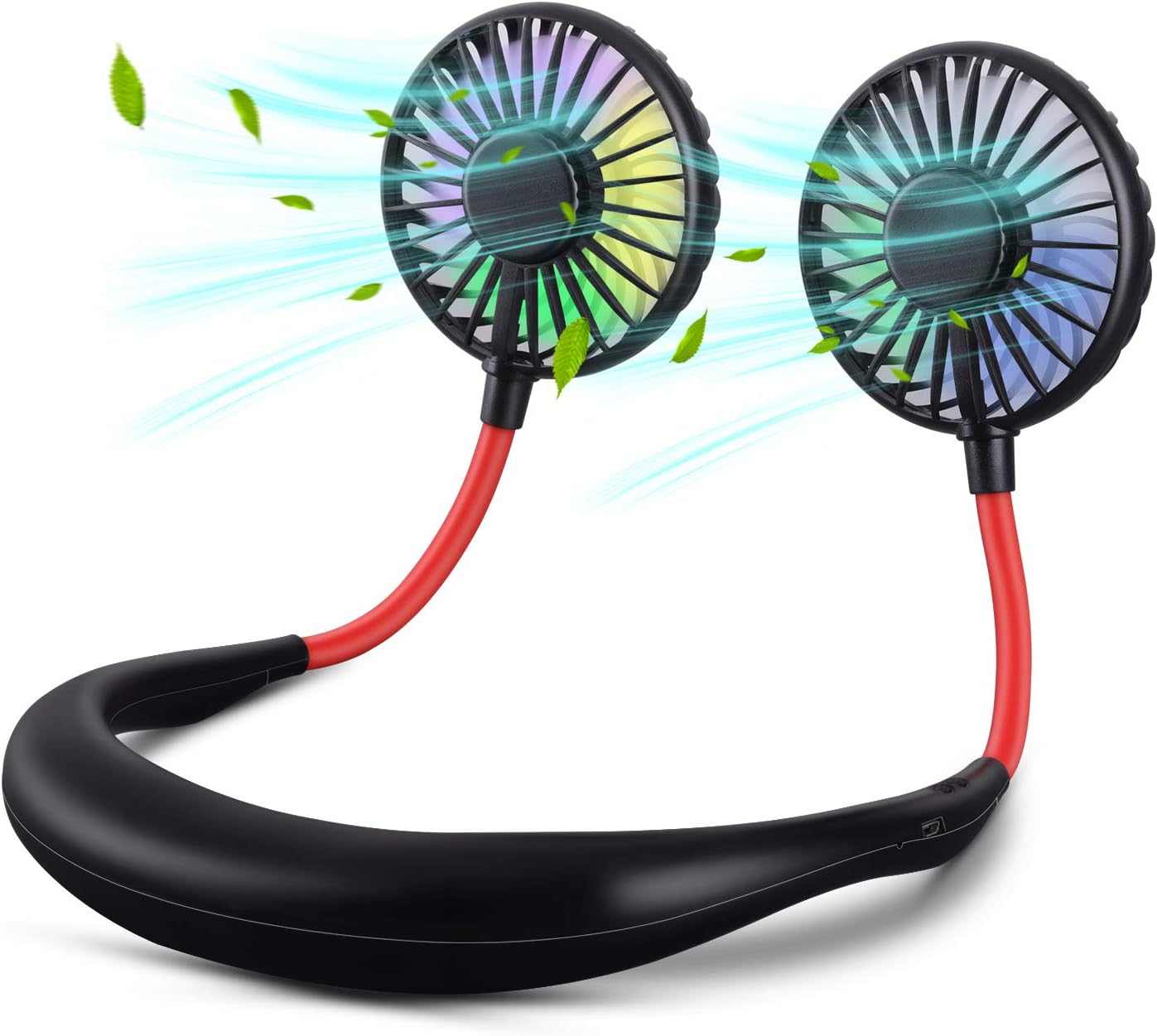 XINBAOHONGNeck Fan, Portable USB Rechargeable LED Fan Headphone Design Hand Free Personal Fan Wearable Cooler Fan with Dual Wind Head for Traveling Outdoor Office (black+red)