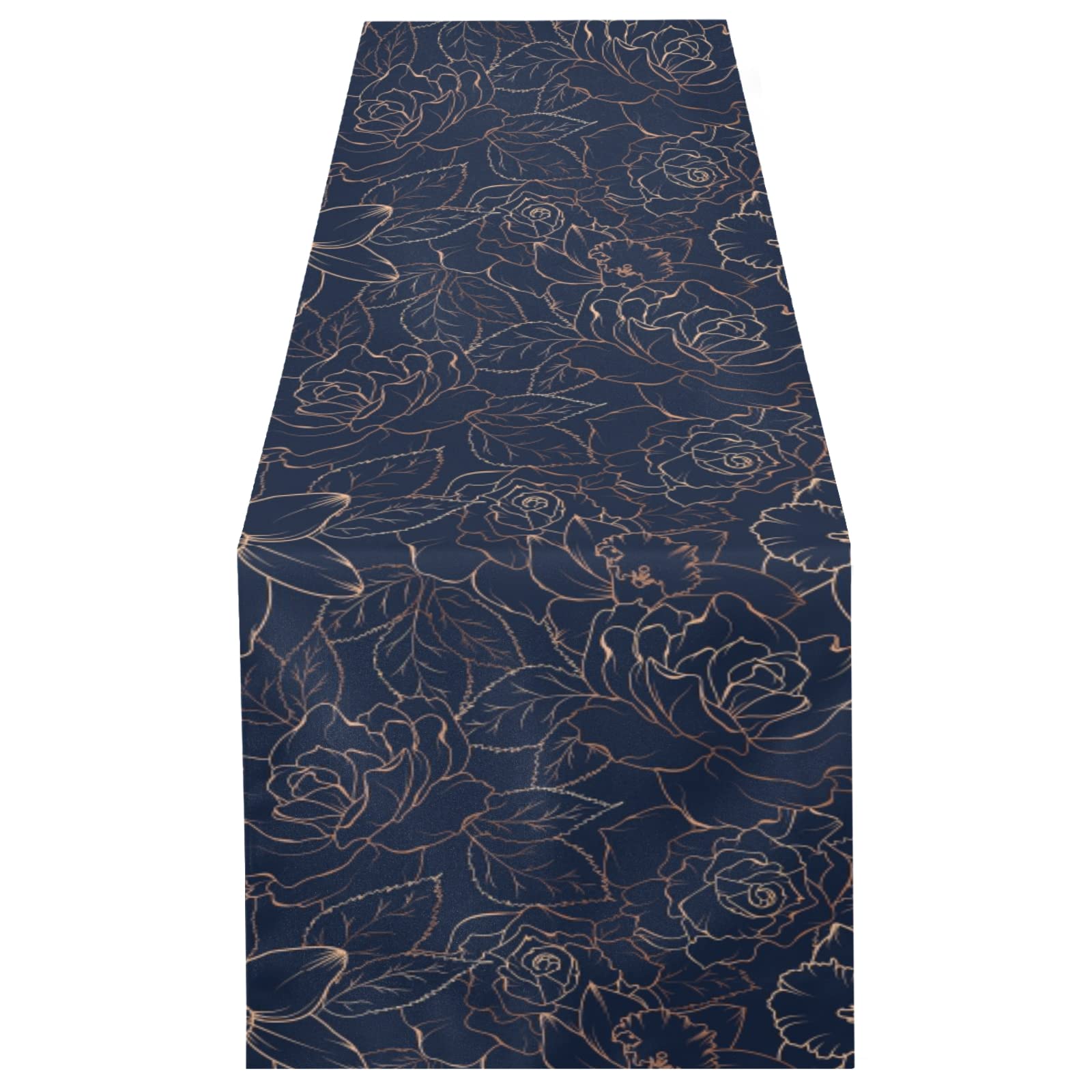 Poeticcity Multi 17 Copper-Gold Shiny Outline Rose Peony Flowers Leaves On Navy Blue 18" X 72" Rectangle Table Runner Long Tablecloth Placemat For Party Home Decor Indoor Outdoor Office Kitchen Dining Wedding