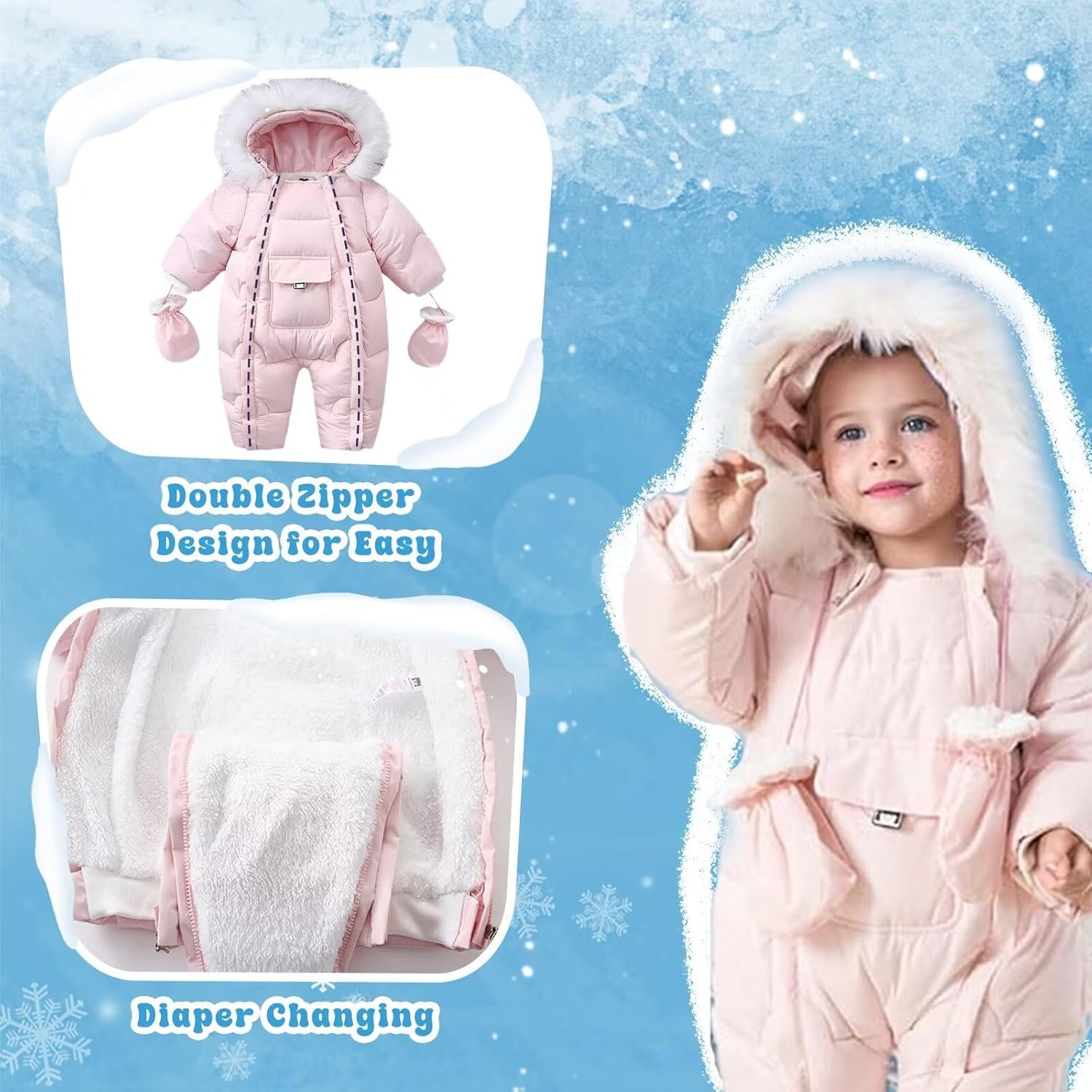 Baby Snowsuit Toddler Winter Unisex Romper Infant Girls Boys Solid Hooded Jumpsuit with Gloves Footie Down Coat Jacket - Image 4