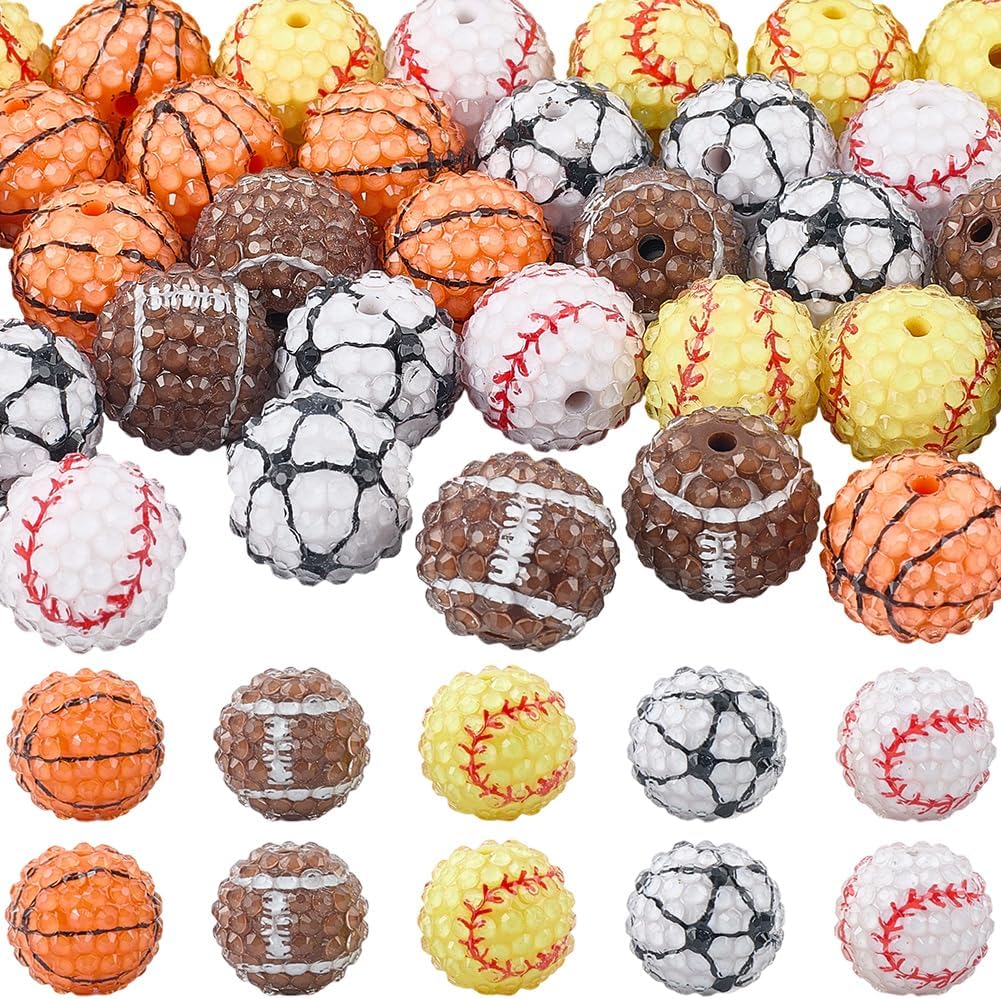 20MM 40Pcs Sports Theme Acrylic Beads Rhinestone Disco Assorted Ball Baseball Basketball Football Resin Bead for Jewelry Making Earrings Bracelets Necklaces Pen Adult DIY Crafts Supplies