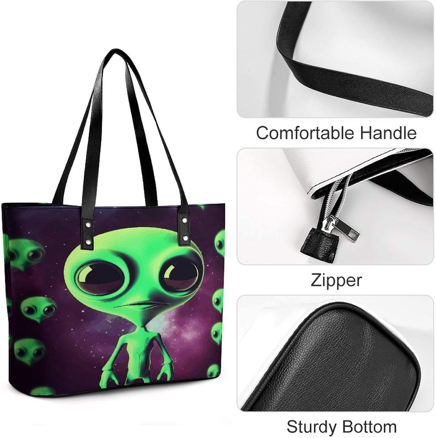 Green Alien Tote Bag for Women Top Handle Large Size Satchel Purse Ladies Chic Shoulder Bag Aesthetic Leather Shoulder Handbag for Work Travel Cute Casual Message Bags