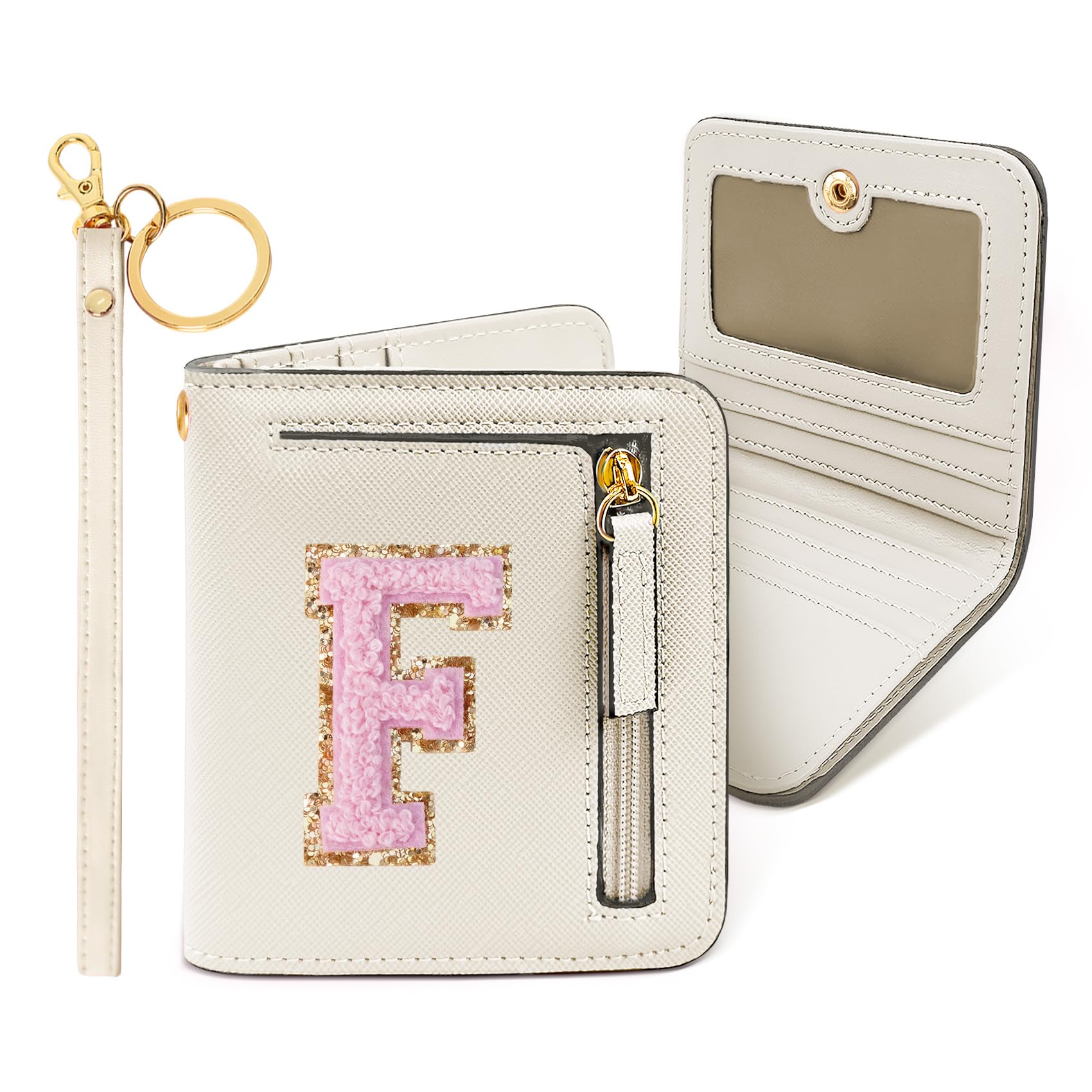 COSHAYSOO Small Wallet RFID Bifold PU Leather, Preppy Graduation Gifts for Teen Girls Women, Nurse Week Appreciation Gift Ideas, Cream Chenille Letter F