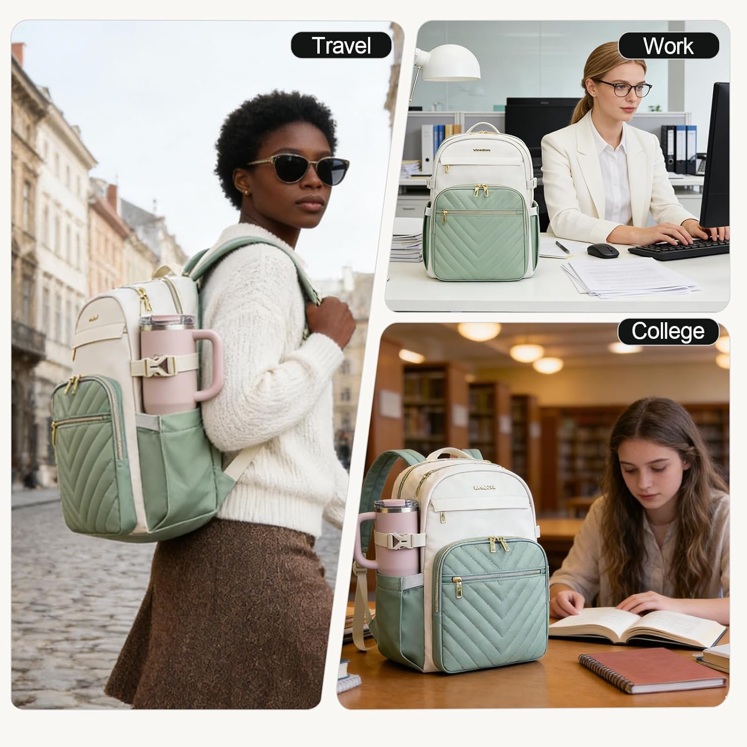 VANKEAN Laptop Backpack for Women with Pouch Pocket for Large Capacity Tumbler, 15.6 Inch Laptop Computer Bag Travel Backpack Purse,Waterproof Work Business College Teacher Bags, Beige-Light Green - Image 7