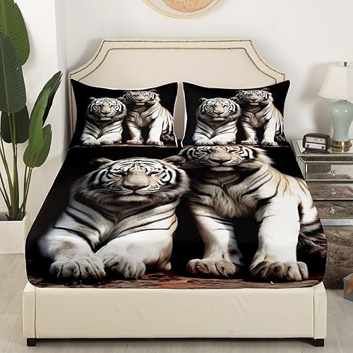 Miniatura 4 de Erosebridal Juego de ropa de cama de tigre blanco con bolsillo profundo, sábana bajera ajustable con estampado de animales 3D tamaño Queen para
