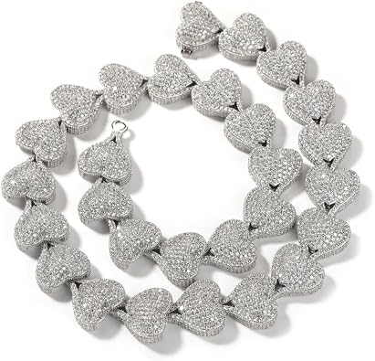 Lulu Mel Iced 17 mm Full Cz Diamond Heart Bling Evening Necklace For Women, White Gold Plated Hip Hop Diamond Chain Necklace Jewelry With Gift Box