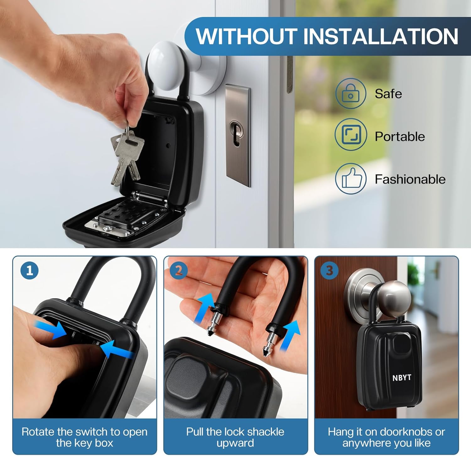 Portable Combination Lock keybox, 9-Digit Keyboard,For House Keys Key Hiders to Hide a Key Outside,Waterproof Key Safe Storage Lock Box(With Shackle)