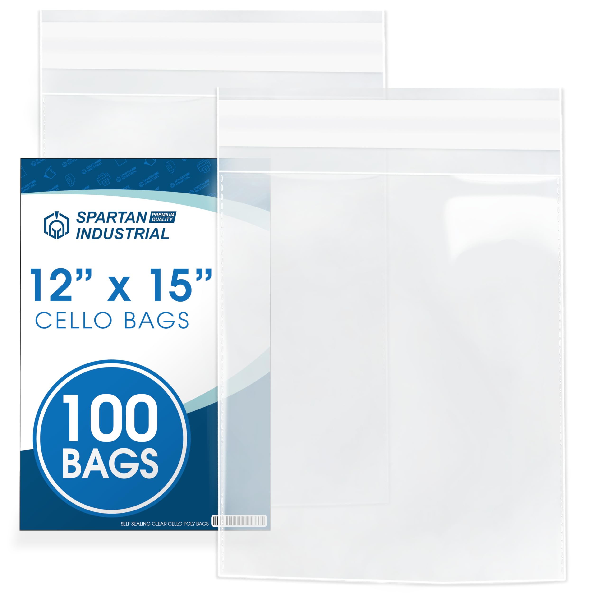 Spartan Industrial - 12" X 15" (100 Count) Crystal Clear Resealable Cello Poly Bags for Packaging, Clothing & T Shirts - Self Seal & Reinforced
