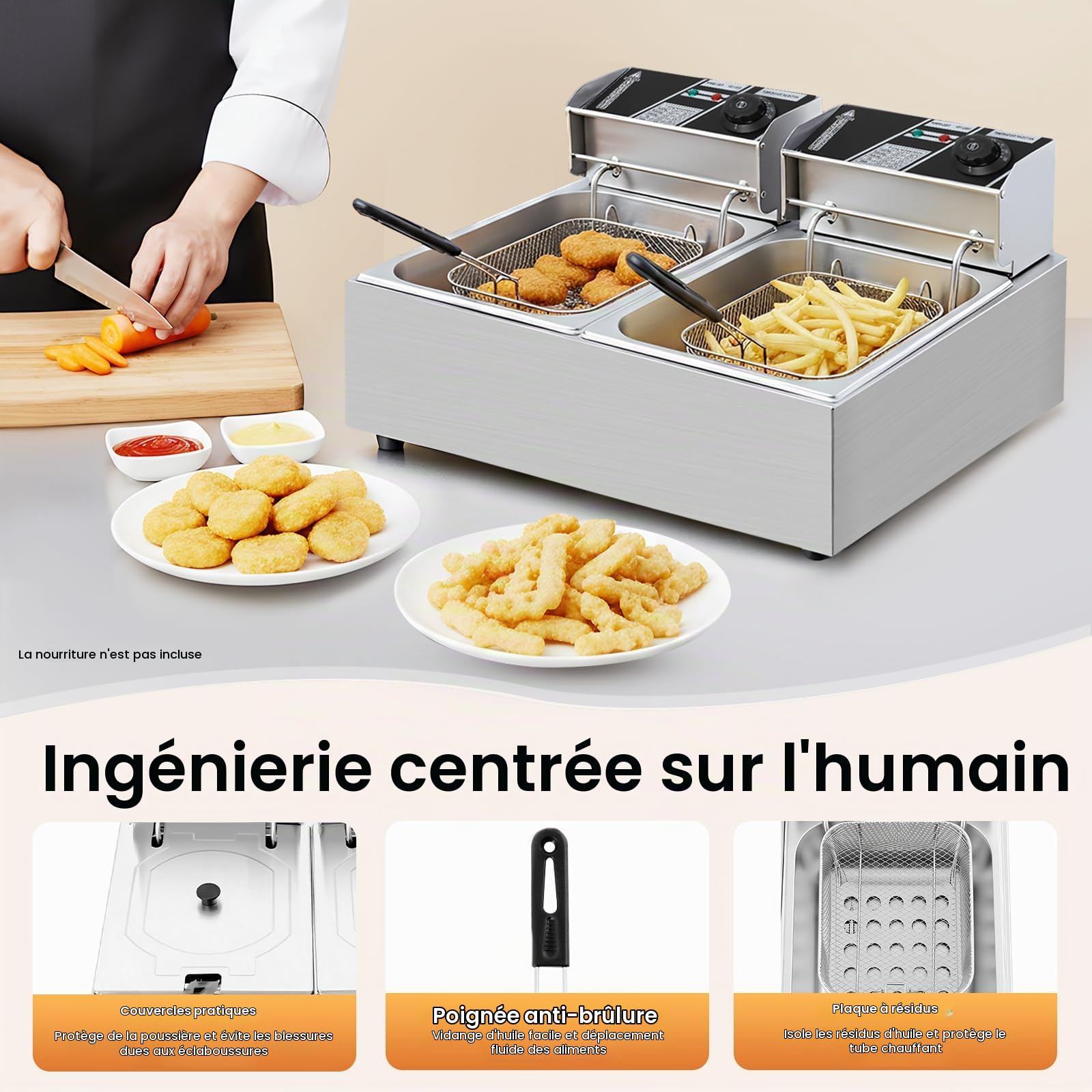 Friteuse Double Electrique 6+6L Inox 2.5KW + 2.5kW Friteuse Commerciale avec Deux Cuves Régulation Indépendante de la Température et 2 Paniers Filtrants 55x44x15cm