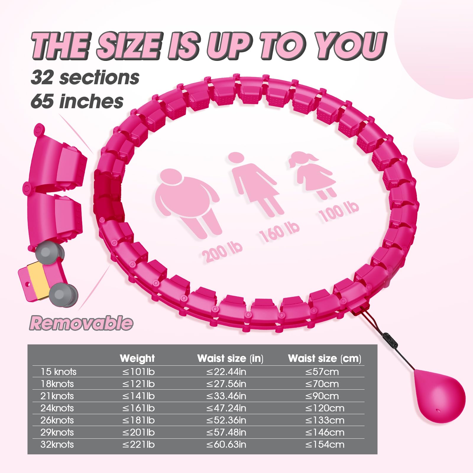 Smart Hoop Cerceau pour adulte avec boule de poids, ultra silencieux, pour perdre du poids, avec 32 segments amovibles, cerceau pour perdre du poids, tour de taille maximale 165 cm (rouge)