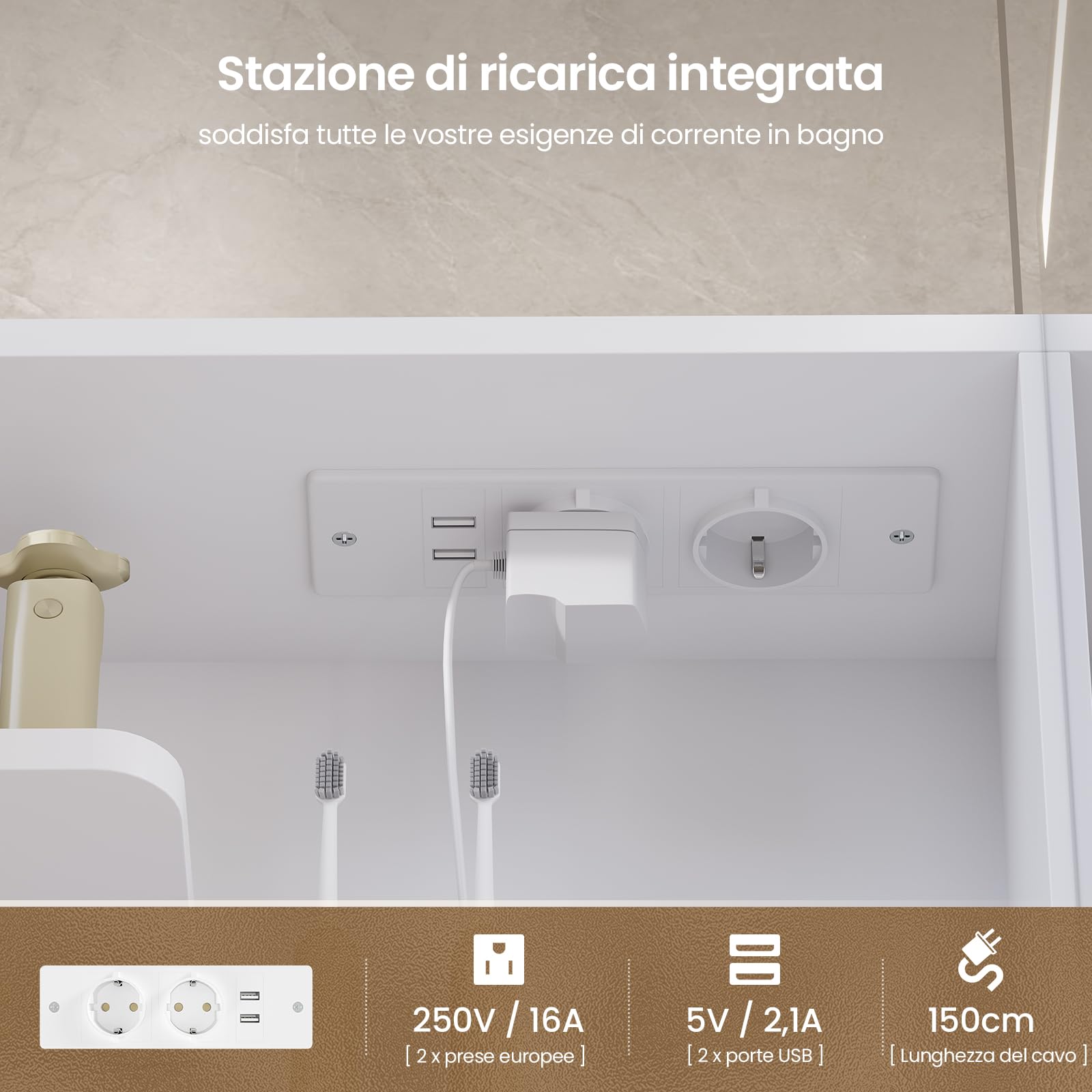 Mobile Bagno Specchio con Luce e Contenitore – Armadietto a Specchio 3 Ante, Larghezza 80 cm – Specchio Bagno LED 3 Colori Dimmerabile – Specchiera Bagno con Ricarica USB+Prese