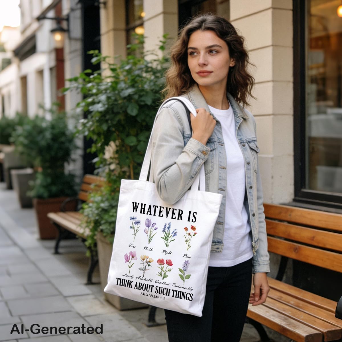 Canvas Tote Bag, Flower Lovers Christian Bag, Whatever Is, Think About Such Things Tote Bags, Reusable Cloth Cotton Bags for Shopping, Religious Gifts for Female Friends image 2
