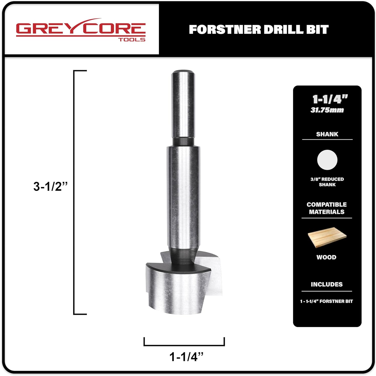 Greycore Tools 1-1/4 Inch x 3-1/2 Inch Forstner Drill Bit, High Speed Steel for Woodworking - Hardwood, Softwood and Plywood (1-1/4” Forstner)