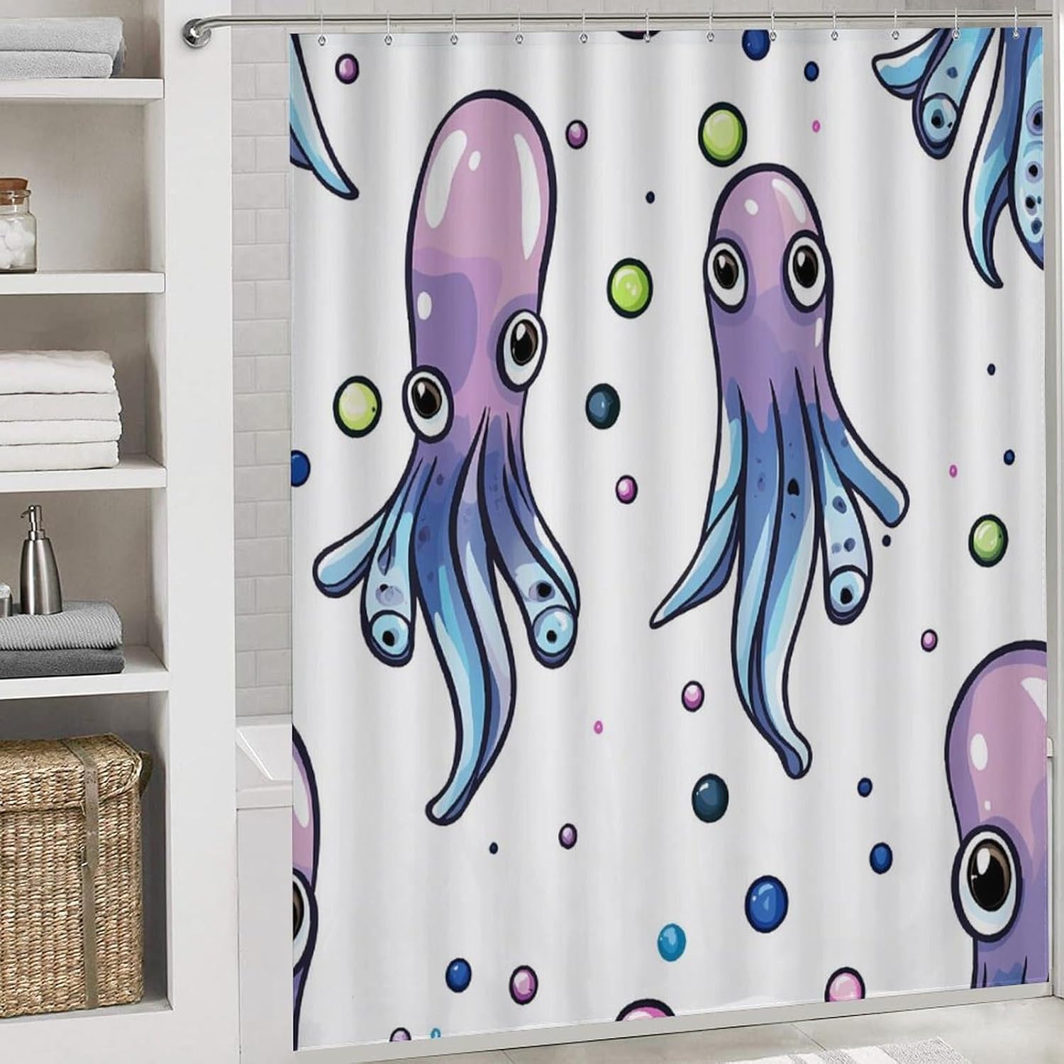 Cute Squid Pattern Bathroom Sets with Shower Curtain and Rugs 4 Piece with U-Shaped Floor Mat Toilet Lid Cover