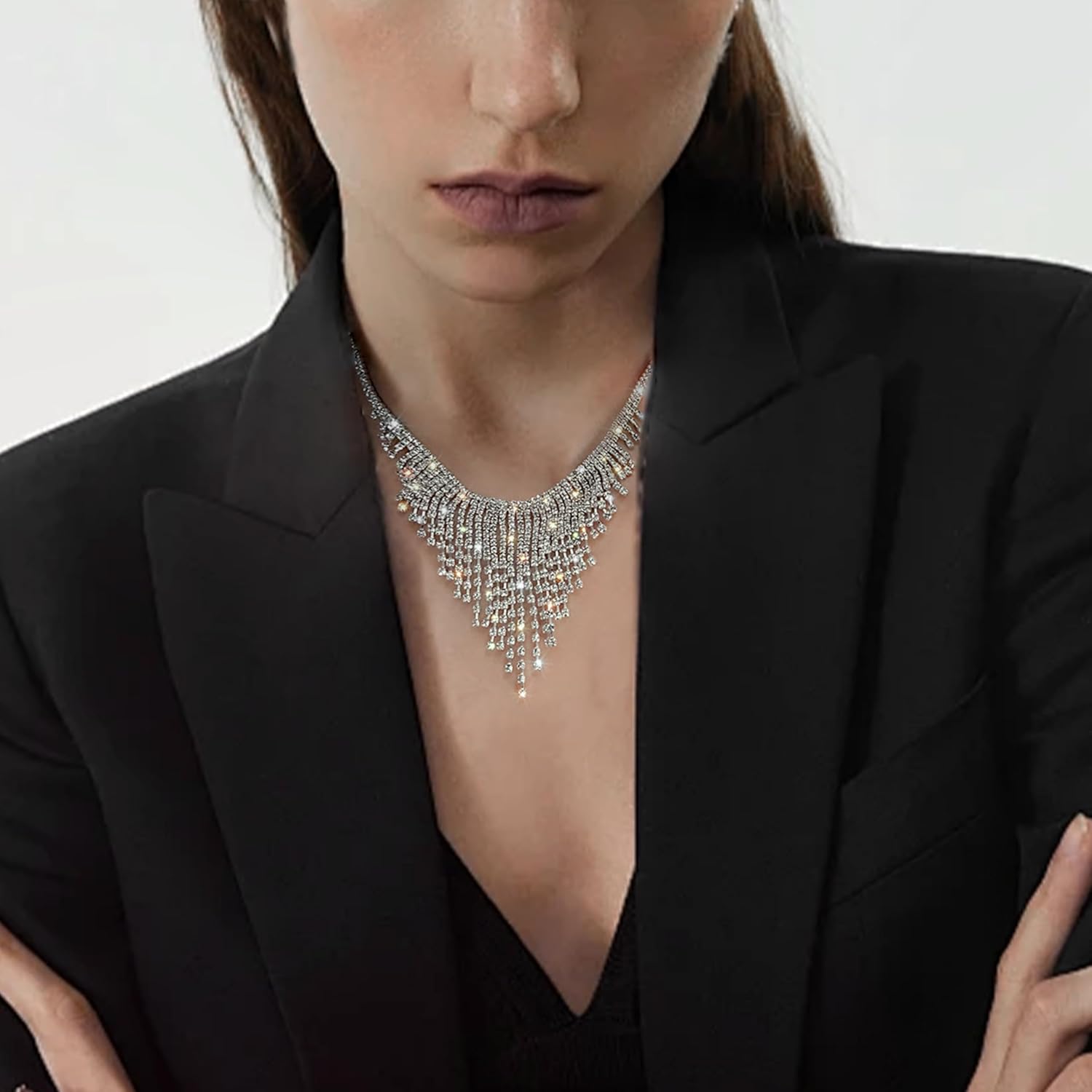 Sexy Rhinestone Choker Necklace for Women Silver Tennis Chain Neck Sparkly Long Tassel Crystal Chain Dainty Party Prom Necklace Wedding Jewelry - Image 2