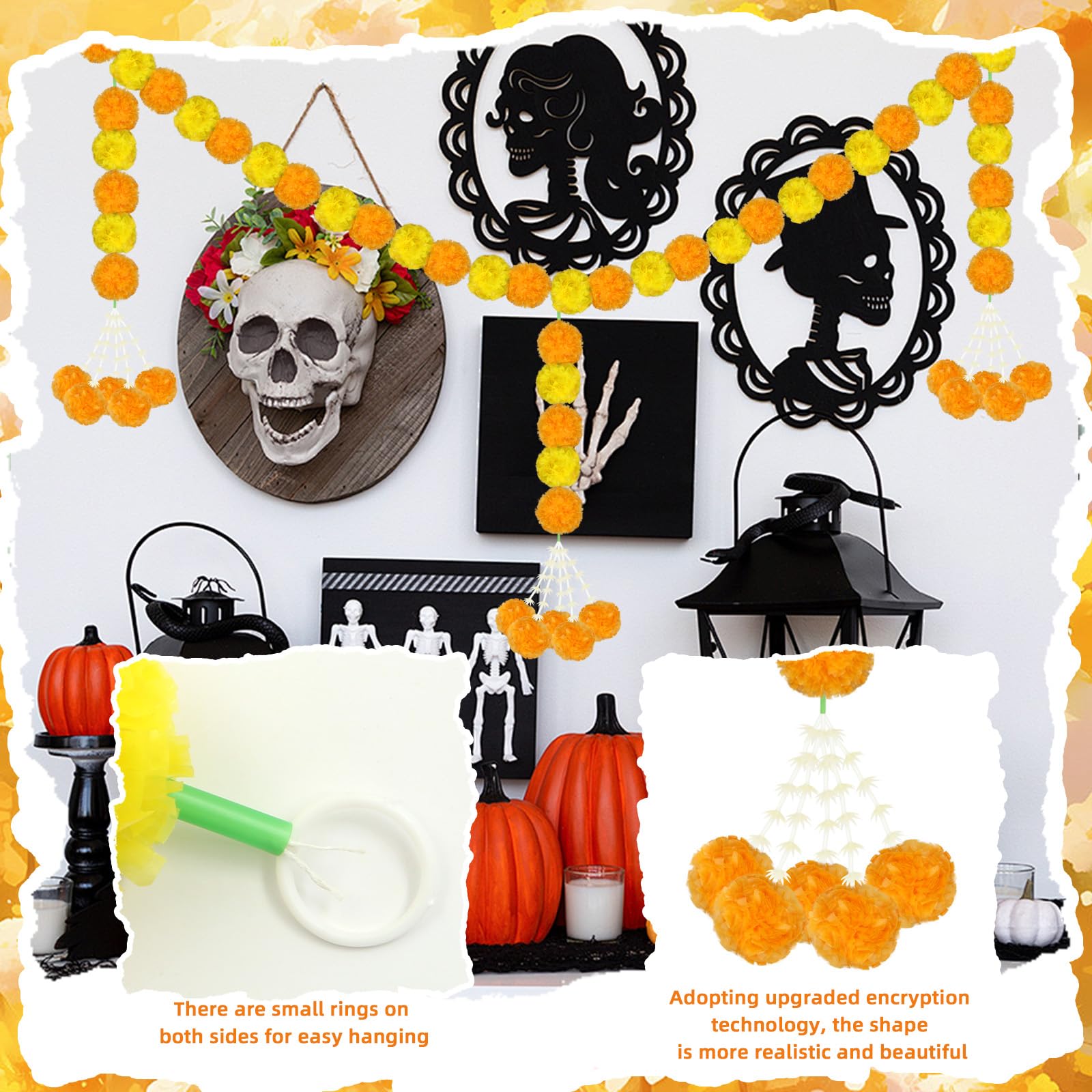 Day of the Dead Marigold Garland, 60 Inch Artificial Orange & Yellow Flower Hanging Garland with Tassels - Image 3