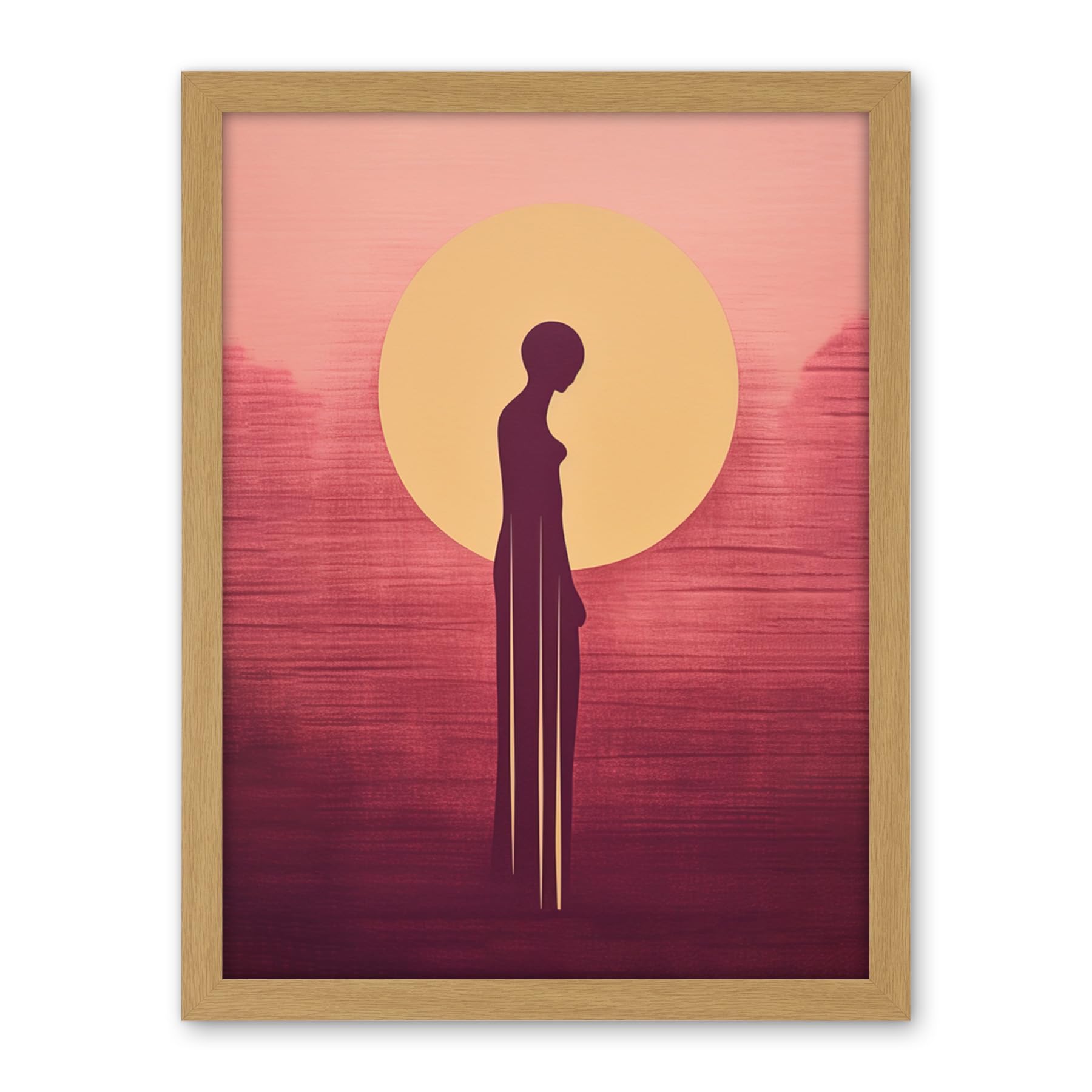 Artery8 Sunrise Solitude Minimalist Artwork Plum Pink Gold African Woman Silhouette in Golden Sun Halo Artwork Framed Wall Art Print 18X24 Inch