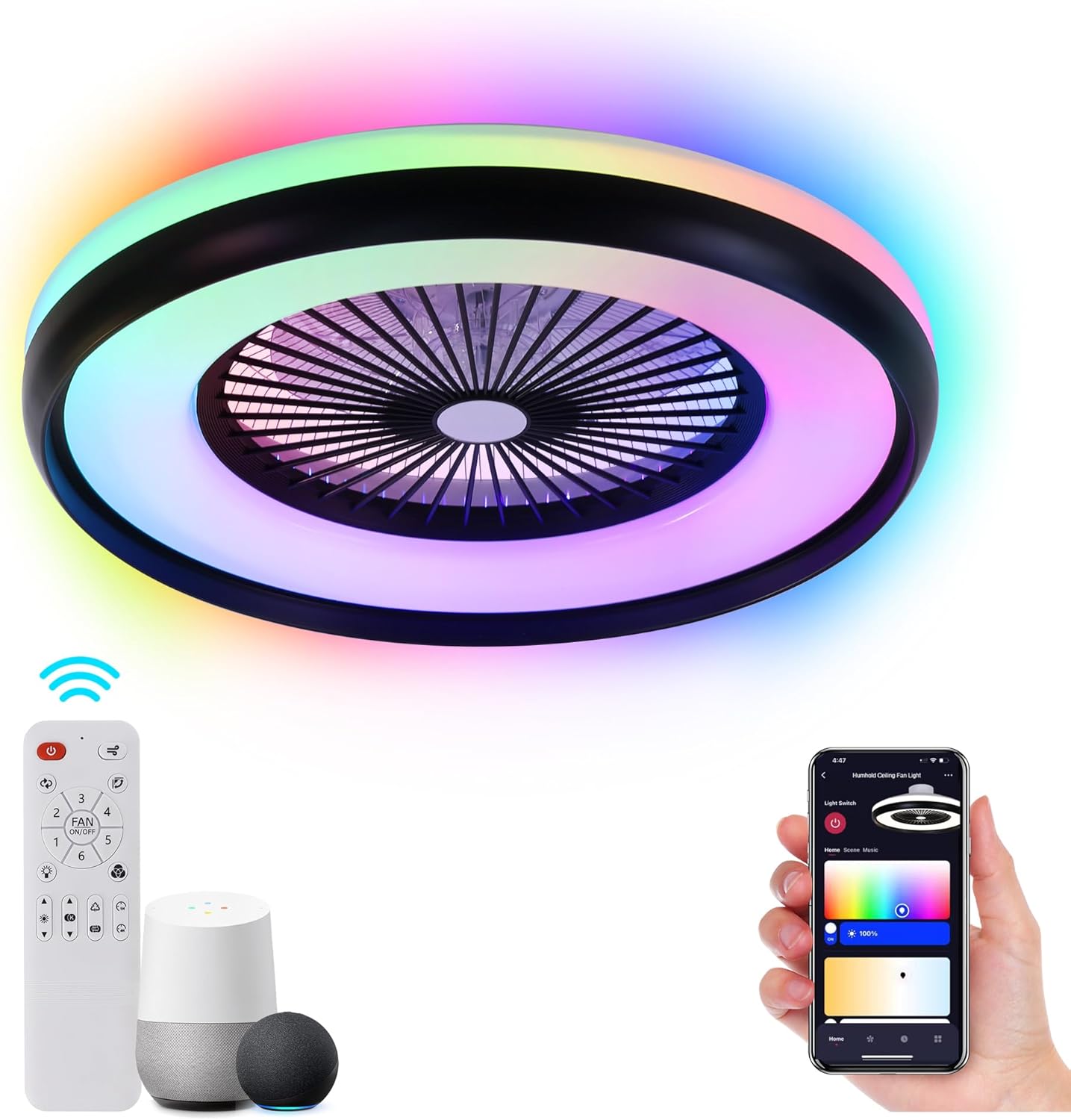 24" Low Profile Ceiling Fan with RGB Light, Smart Bladeless Ceiling Fan with Remote/APP/Voice Control, Enclosed Flush Mount Ceiling Fan for Kid's Bedroom Black & RGB MainLight