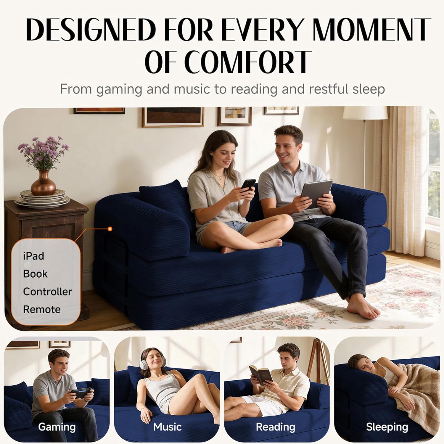 79'' Convertible Sofa Bed, Boneless Couch-in-a-Box, Corduroy Floor Futon Loveseat Sleeper, 26'' Deep Seat, Removable Machine-Wash Covers, Side Pockets, No Assembly, 2 Pillows, Navy Blue