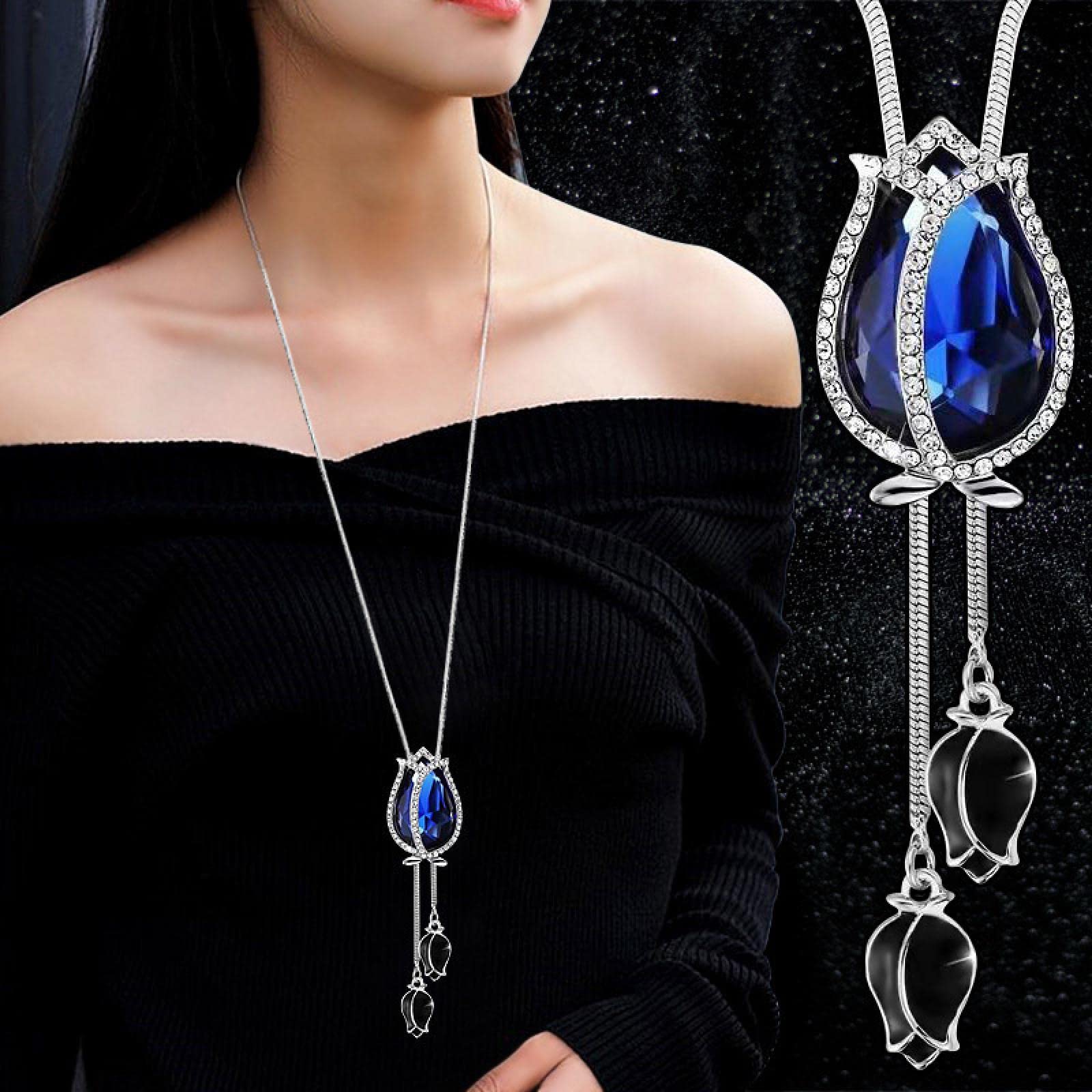Collier Femmes Pendentif Long Chaîne Mode Bleu Cristal Longs Colliers Pour Femmes Vintage Déclaration Colliers Pendentifs Pull Chaîne