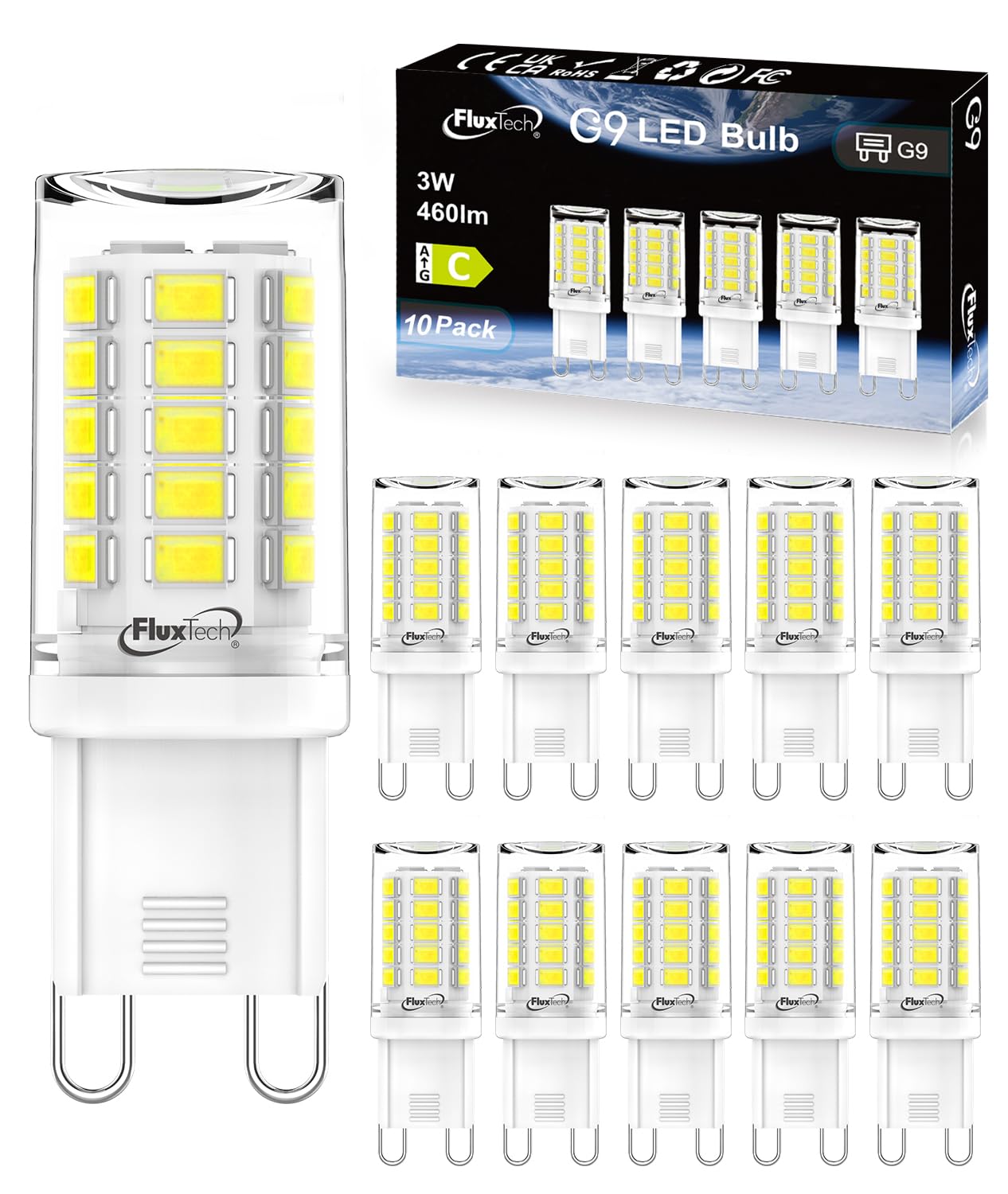 FluxTech G9 LED Bulbs Cool White 6000K, Energy Class C, 3W (40W/50W Halogen Equivalent), 460 Lumen, Non-Dimmable, 10 Pack
