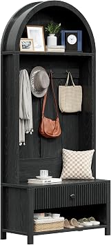 70.86" Hall Tree with Bench and Shoe Storage, Entryway Hall Tree, 4-in-1 Arch Coat Rack Freestanding with Fluted Doors, Retro Coat Tree, Furniture Organizer for Hallway, Entryway, Black