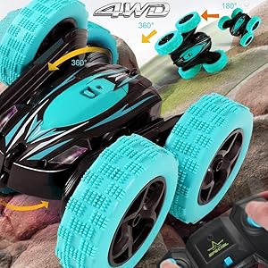 Remote Control Car: Double Sided 360Rotating 4WD RC Cars 2.4GHz Electric Race Stunt Toy Car Rechargeable Toy Cars for 6 7 8 9 10 11 12 Year Old Boys Girls Kids Christmas Birthday Gifts Cyan
