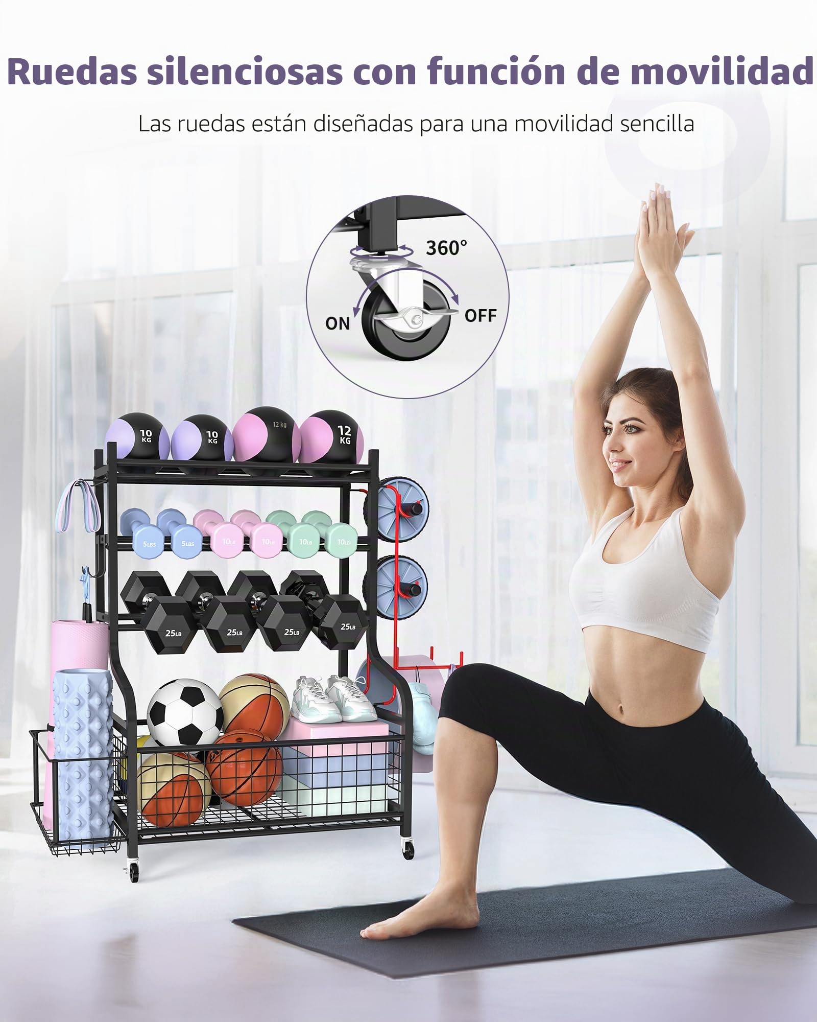 Yoga Matte Hantelablage - Dumbbells Regal für Home Gym mit 4 Räder und 8 Haken - Yogamatte Lagerregal für Kettlebells und Yoga Block, Gurt, Rolle - 100-160KG Tragfähigkeit