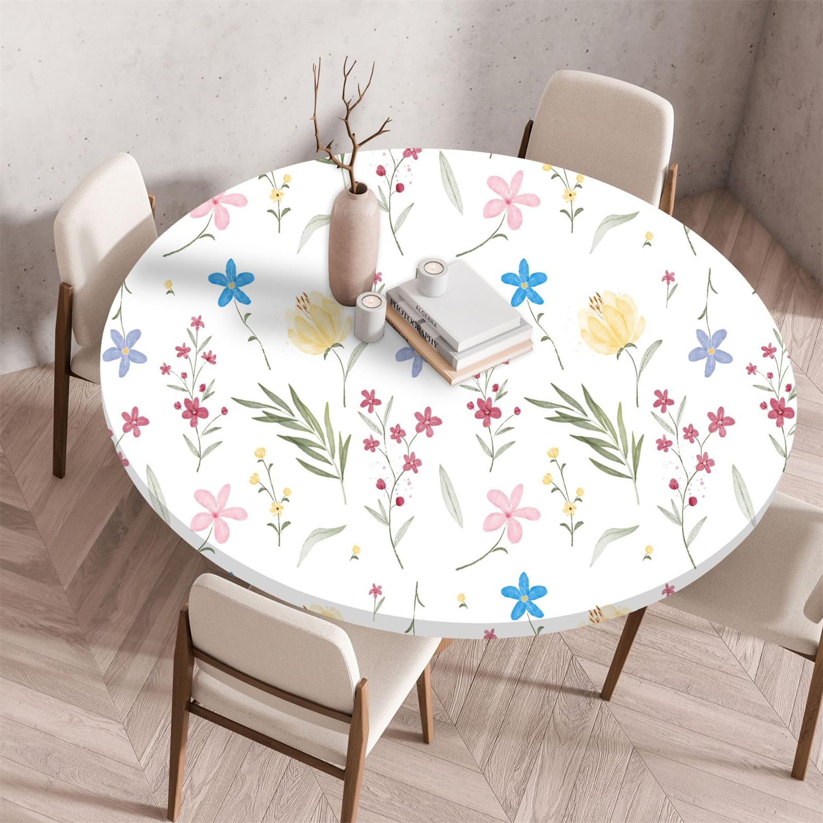 Muiuou Round Tablecloth, Flower Printing Waterproof Wipeable Table Cover Elastic Edge, Reusable Round Table Cover Cloth, Fitted Kitchen Restaurant Home Decoration
