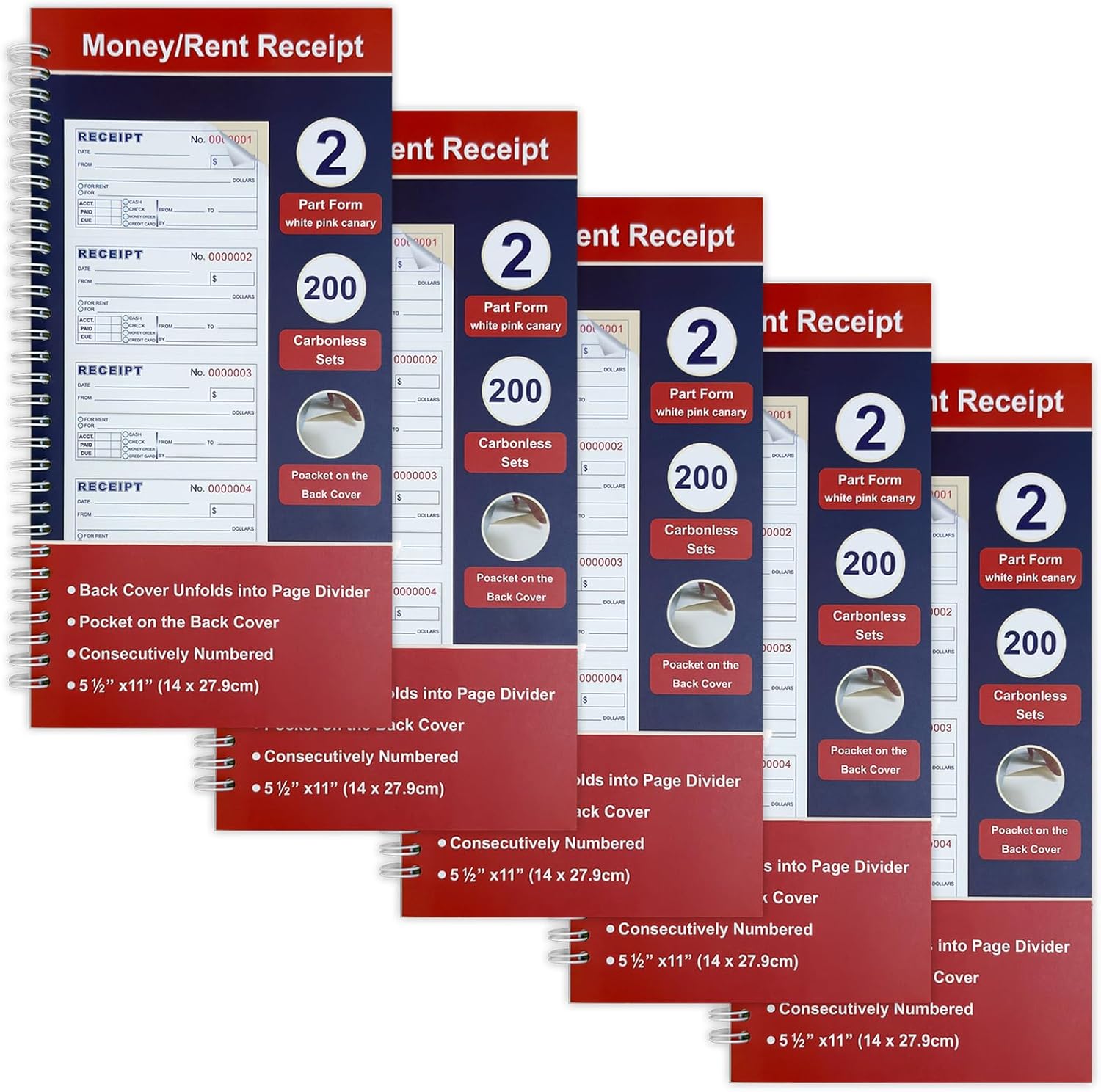 Money and Rent Receipt Book 2-Part Carbonless 5-1/2" x 11" Spiral Bound 200 Sets per Book 4 Receipts per Page, Receipt Book with Carbon Copies(5-Pack)
