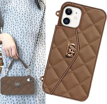 Phone Lanyard Case for iPhone 14 Pro Max Case Wallet, Wrist Strap Case Protective Silicone Bag with Card Holder Slot for Women Girls Brown, iPhone 14 Pro Max