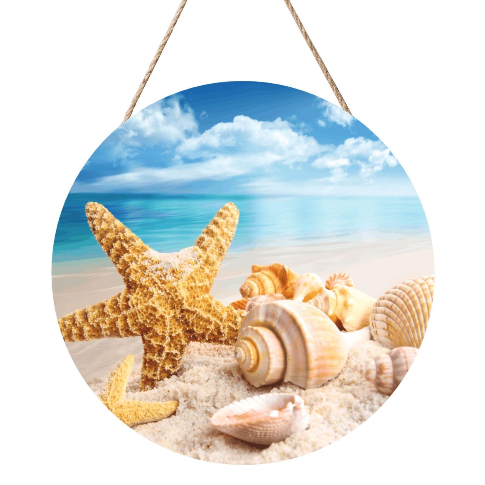 InOmak Starfish And Seashells On Beach, Round Wood Panel Painting 12 in, Wall Hanging Painting For Home