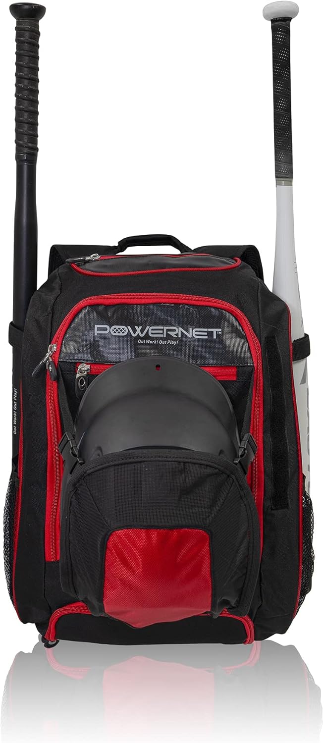 PowerNet Baseball Softball Backpack, Choose from 3 Colors Red Black Blue, Padded Helmet Carrier, Dual Bat Sleeves, Vented Cleat Compartment, Fence Hook, Hook and Loop Batting Glove Area