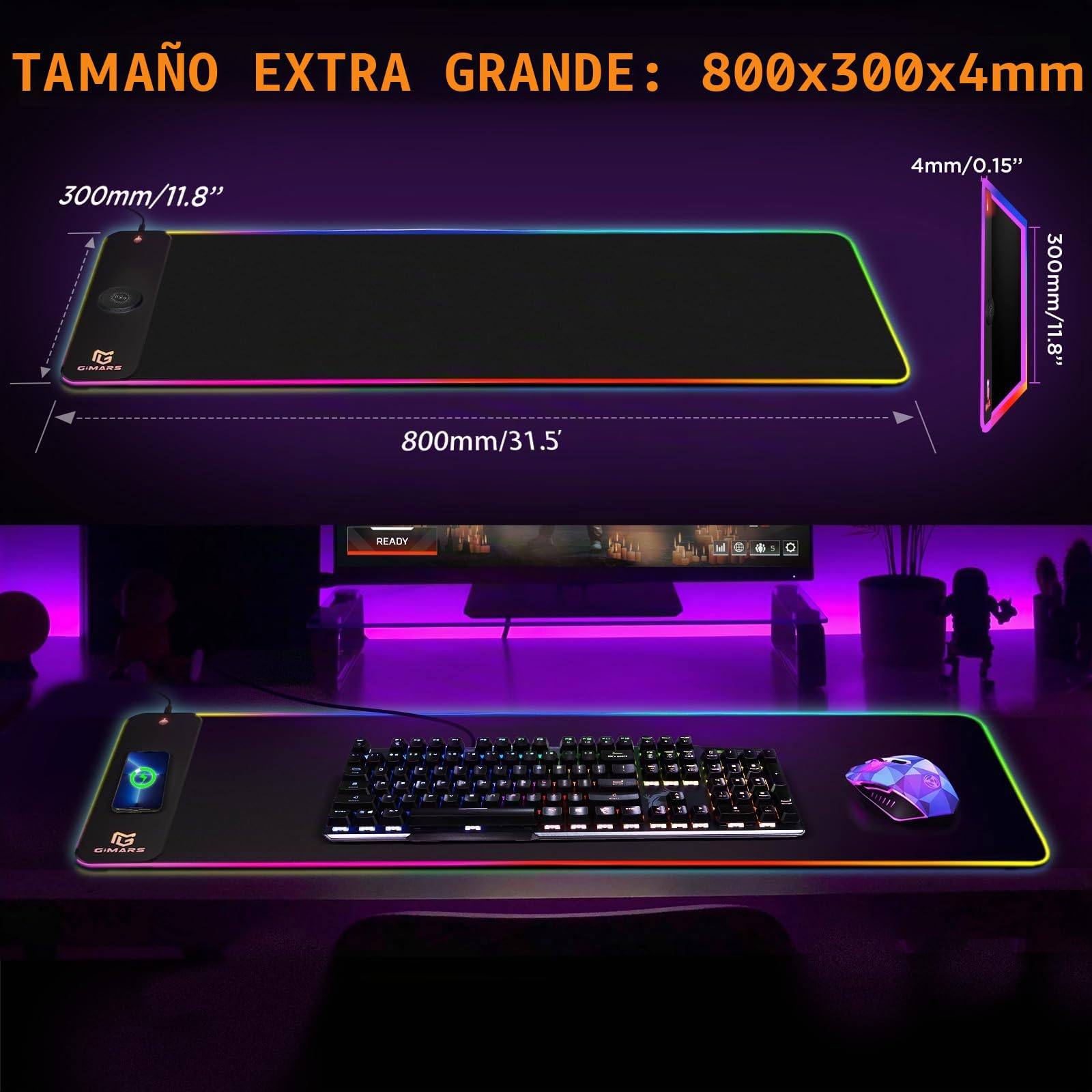 Gimars Alfombrilla Ratón Gaming RGB con 15W Carga Inalámbrica, 800×300mm Mousepad XXL con 10 Modos Iluminación LED, Tapete Rato Impermeable Base Antideslizante para Escritorio Oficina Gamer
