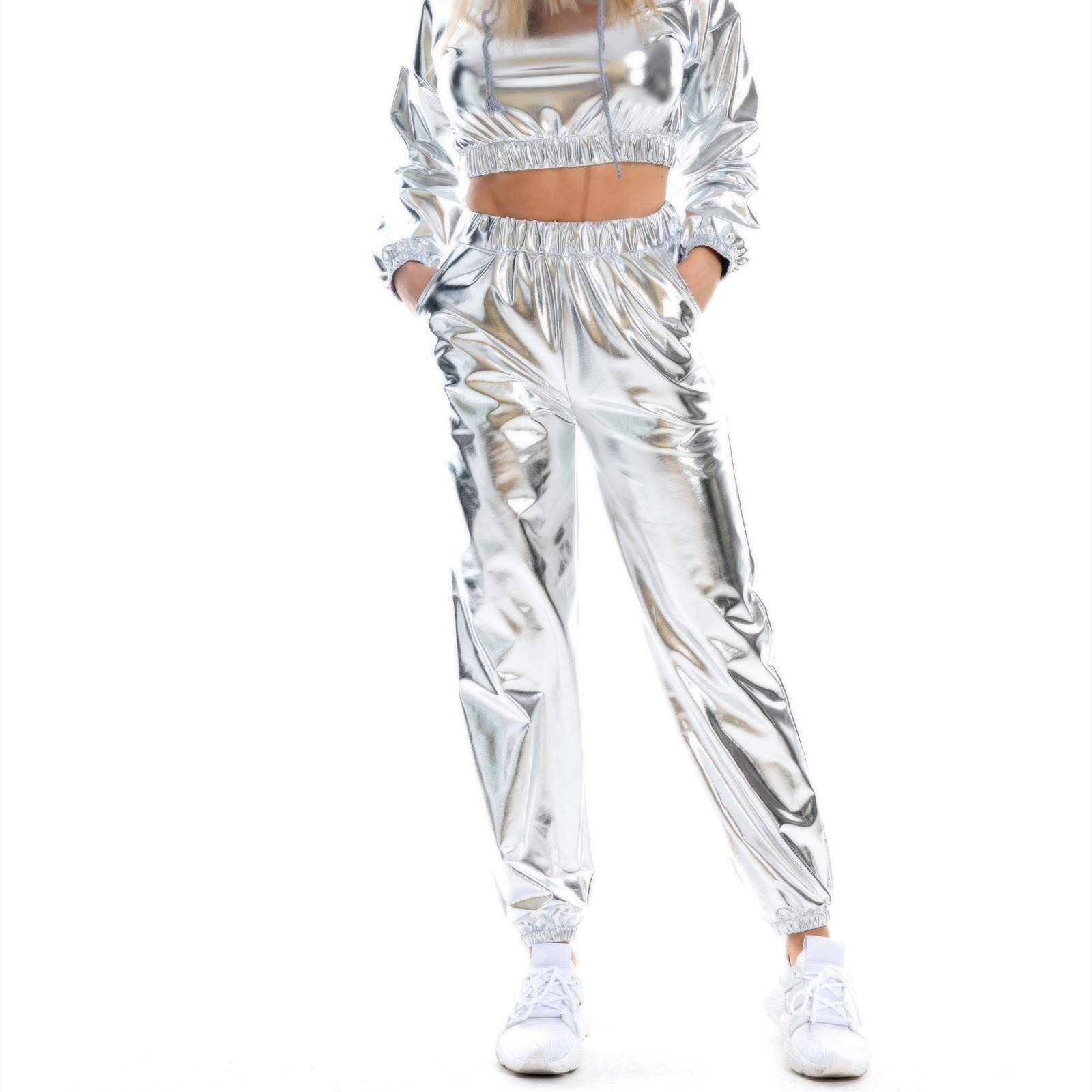 Womens Shiny Metallic High Waist Jogger Pants Hip Hop Clubwear Holographic Trousers Sweatpant 70s 80s Disco Outfits