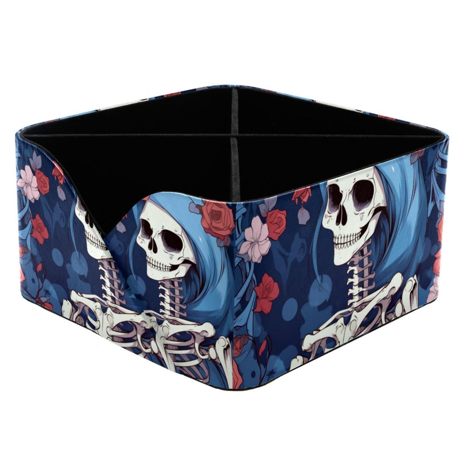 Porte-stylo et boîte de rangement de bureau en cuir avec motif tête de mort et fleurs