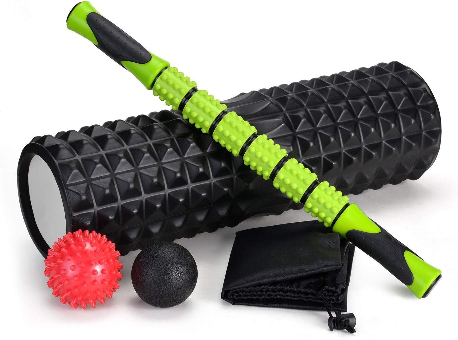 5-in-1 18" Large Size Foam Roller for Exercise with Muscle Roller Stick and 2 Massage Balls, High Density for Physical Therapy, Deep Tissue Trigger, Pain Relief, Myofascial Release, Balance Exercise