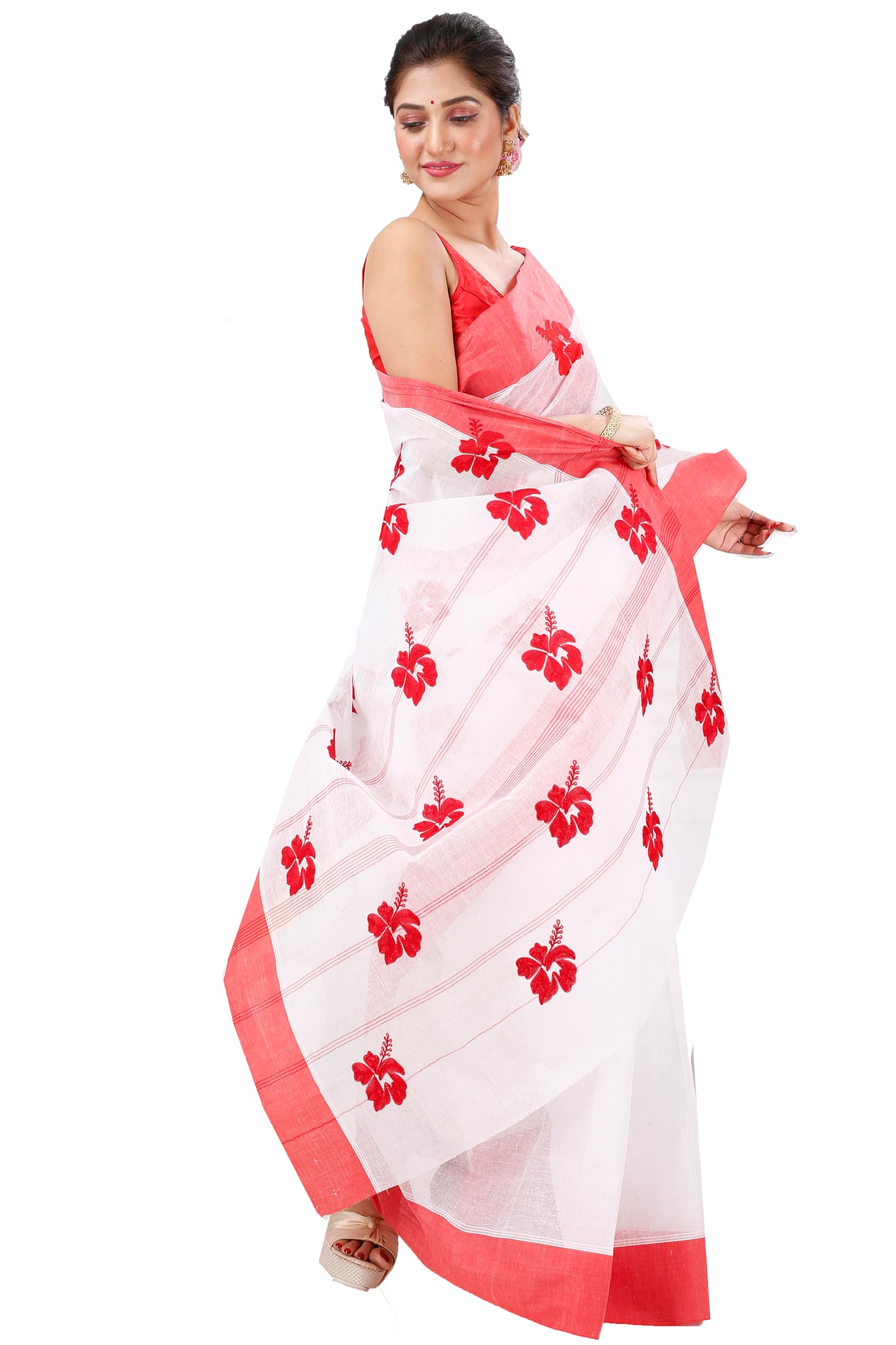 PuJoy Women Pure Cotton Elu Joba Design Bengali Embroidery Tant Saree