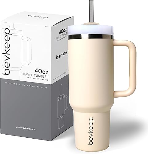 Bevkeep Vaso aislado de 40 onzas taza de viaje de acero inoxidable con asa y tapa con popote, sellado al vacío para bebidas frías y calientes, taza
