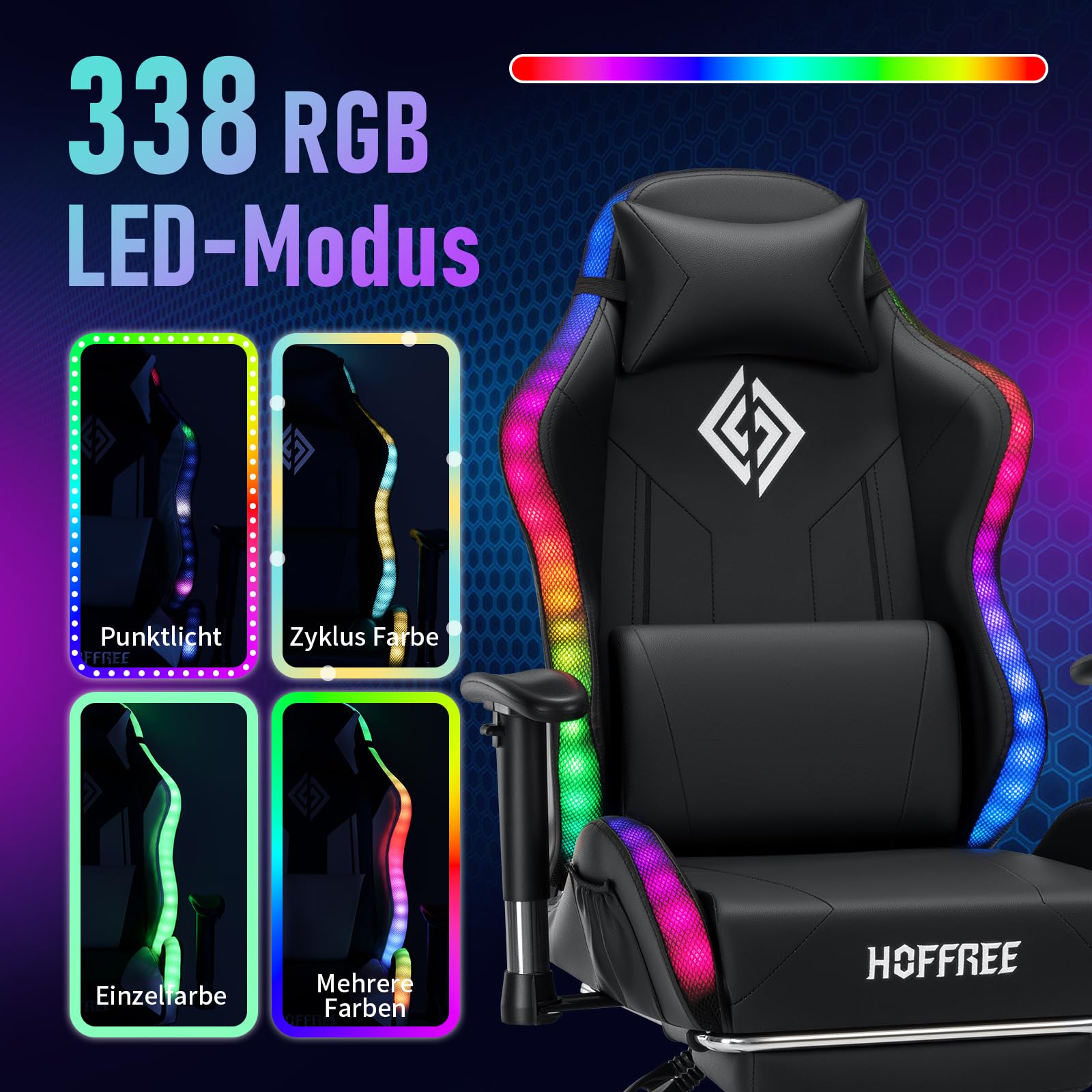LED Gaming Stuhl für Kinder 155° Computer Stuhl mit RGB Lichter-Schwarz | Liegestühle mit Fußbrett;Ergonomischer Gaming Sessel für Teenager 6-15;PC Gamer Stuhl mit Lumbalstütze für Gaming und Lernen