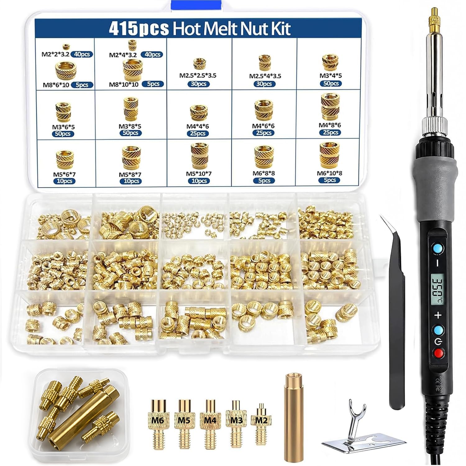 415PCS Heat Set Insert Tool Kits, 7 Types Threaded Inserts Set M2/M2.5/M3/M4/M5/M6/M8 with Insert Tips&Adapter, Soldering Iron for Inserts 3D Printing and Plastic